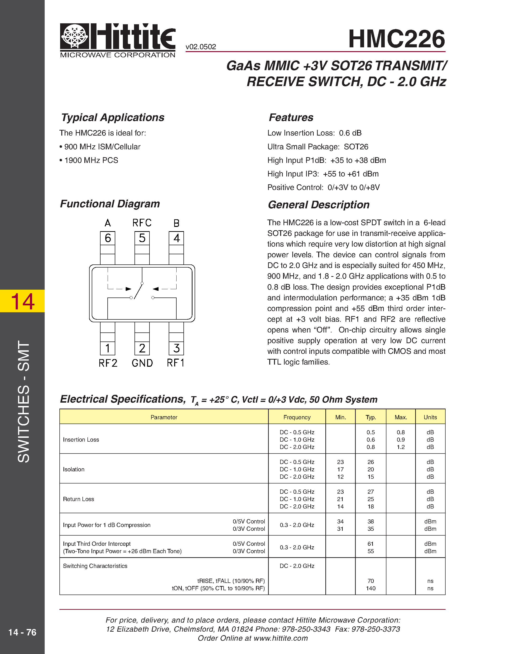 Datasheet HMC226 page 1 Datasheet HMC226 - GaAs MMIC +3V SOT26 TRANSMIT/RECEIVE SWITCH/ DC - 2.0 GHz page 1