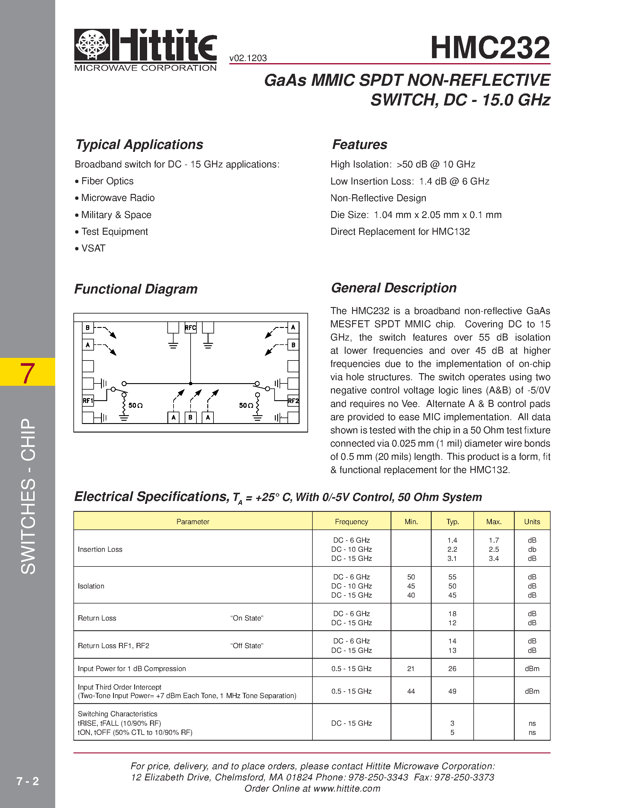 Datasheet HMC232 page 1 Datasheet HMC232 - GaAs MMIC SPDT NON-REFLECTIVE SWITCH/ DC - 15.0 GHz page 1