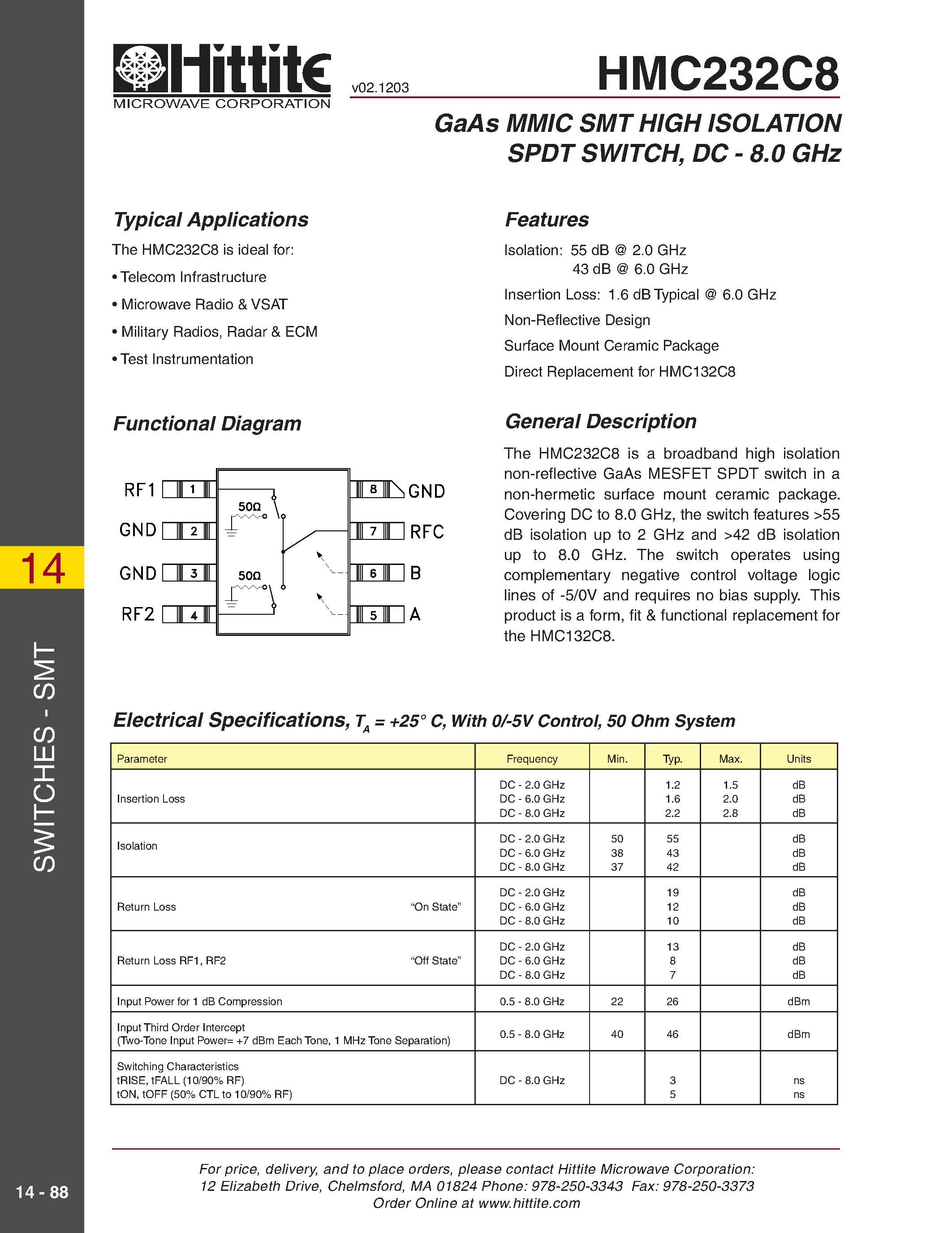 Datasheet HMC232C8 page 1 Datasheet HMC232C8 - GaAs MMIC SMT HIGH ISOLATION SPDT SWITCH/ DC - 8.0 GHz page 1