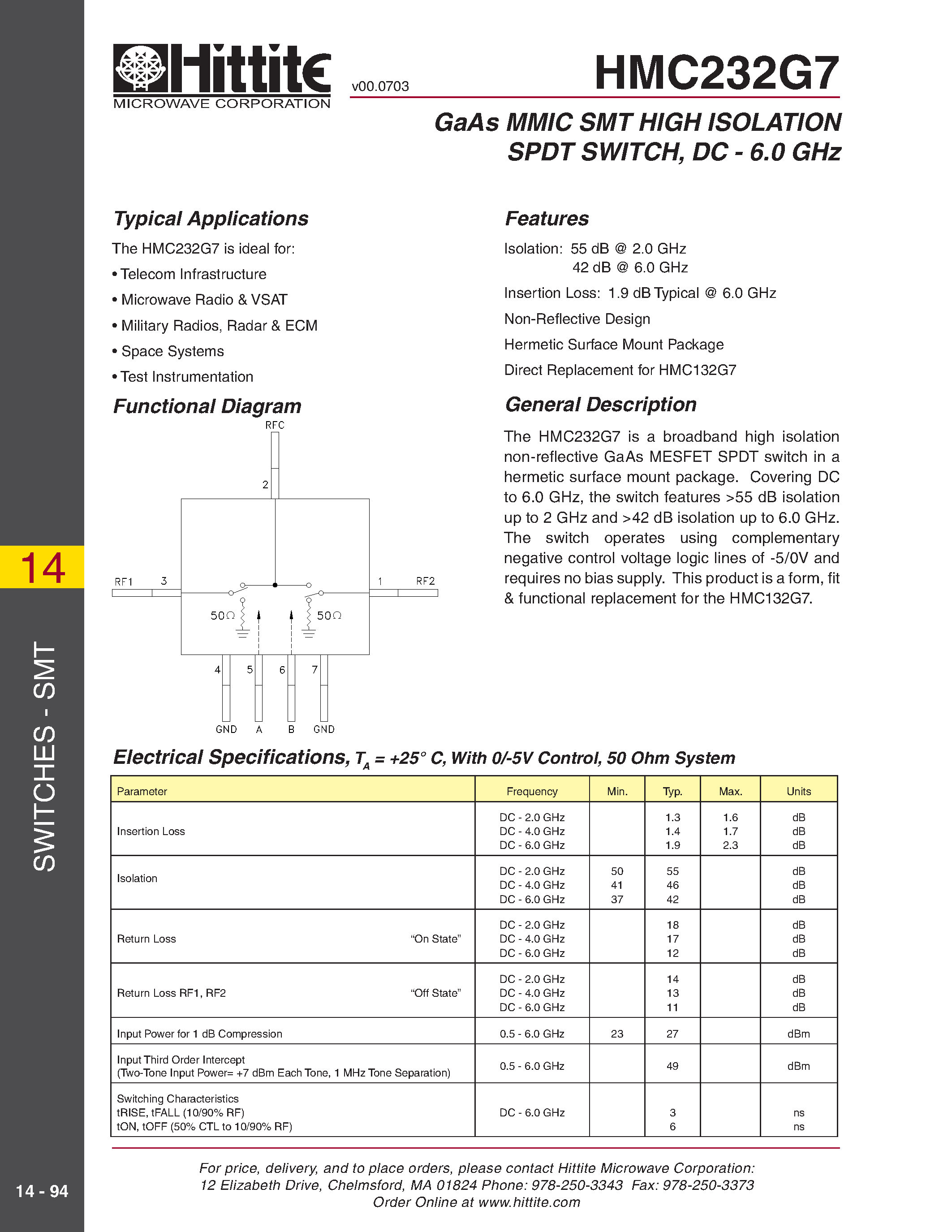 Datasheet HMC232G7 - GaAs MMIC SMT HIGH ISOLATION SPDT SWITCH/ DC - 6.0 GHz page 1