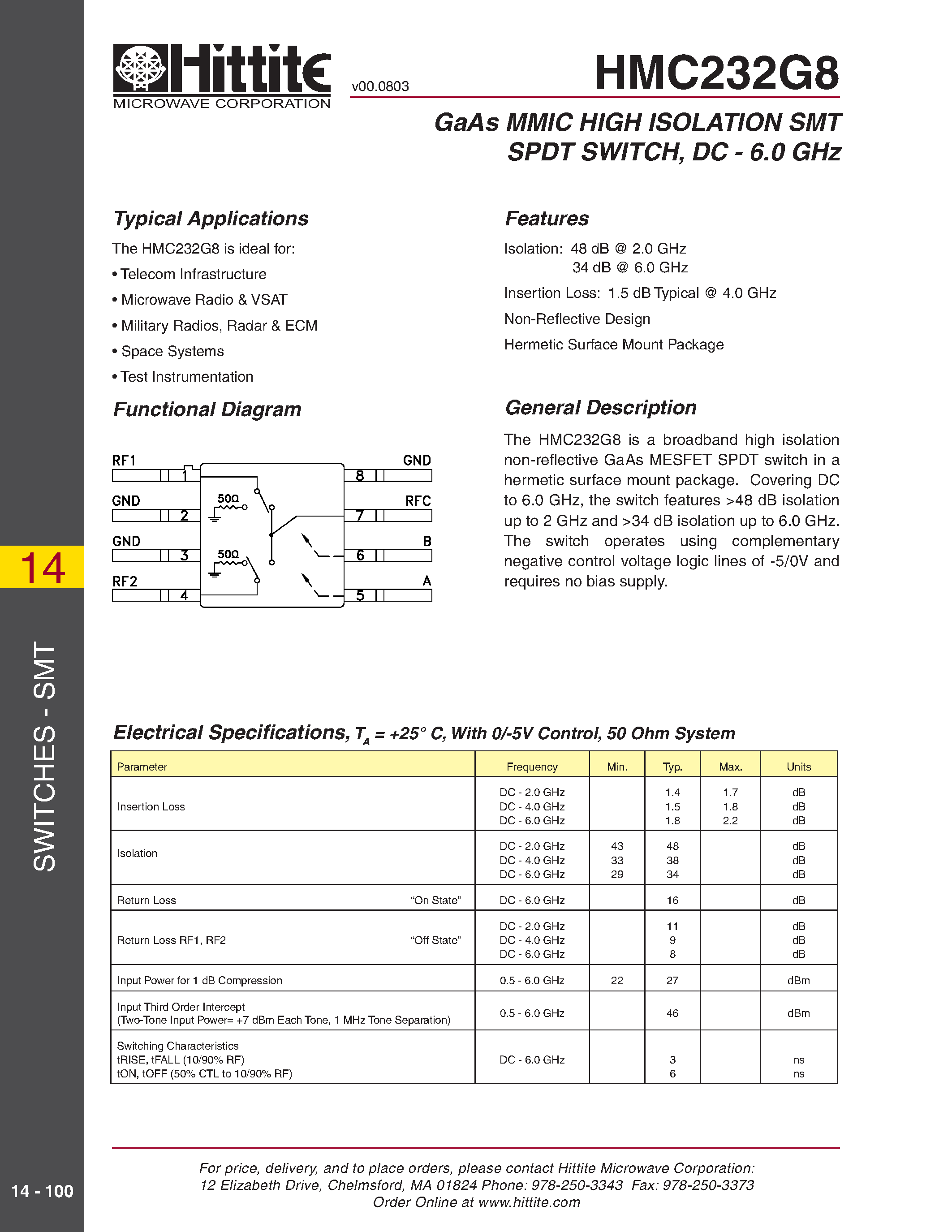 Datasheet HMC232G8 - GaAs MMIC HIGH ISOLATION SMT SPDT SWITCH/ DC - 6.0 GHz page 1