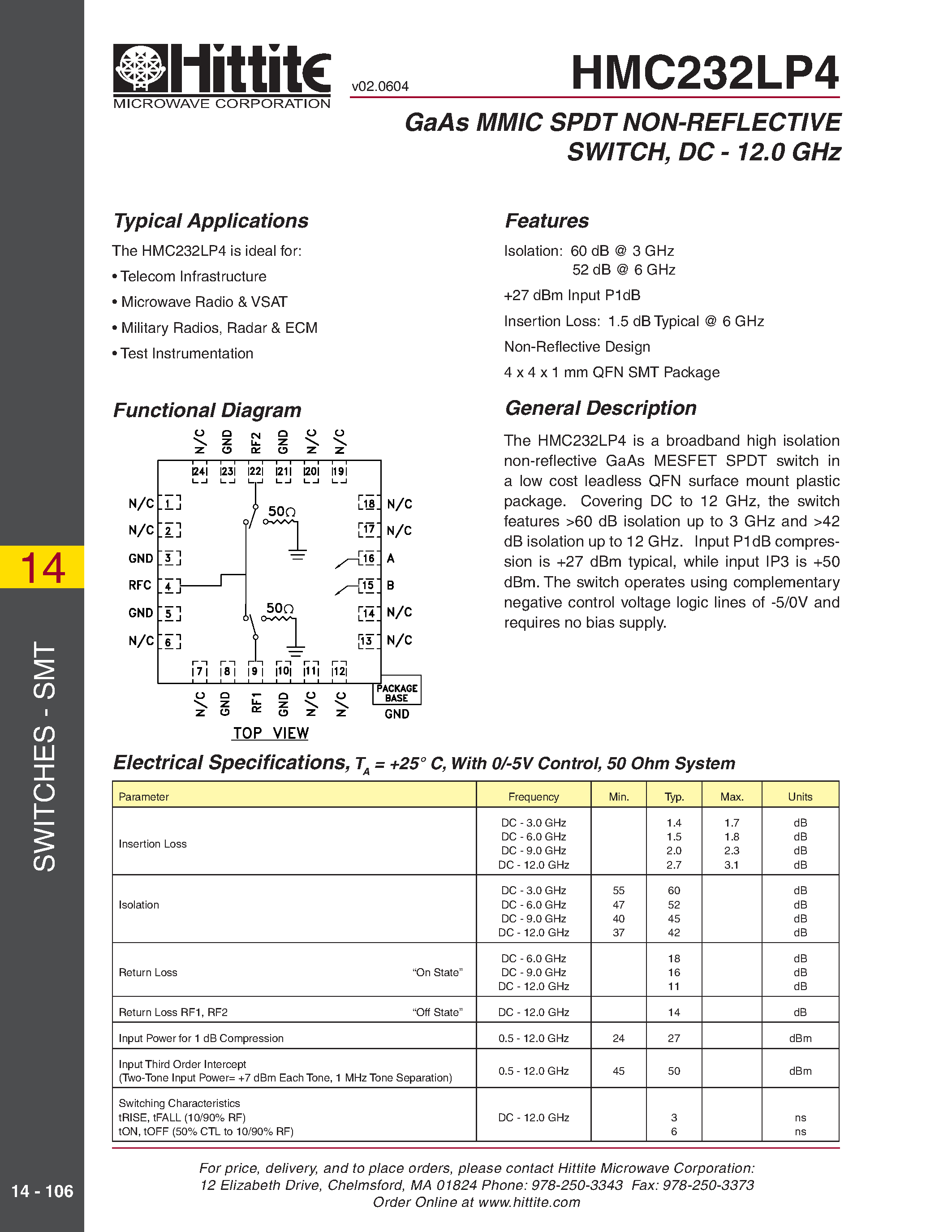 Datasheet HMC232LP4 page 1 Datasheet HMC232LP4 - GaAs MMIC SPDT NON-REFLECTIVE SWITCH/ DC - 12.0 GHz page 1
