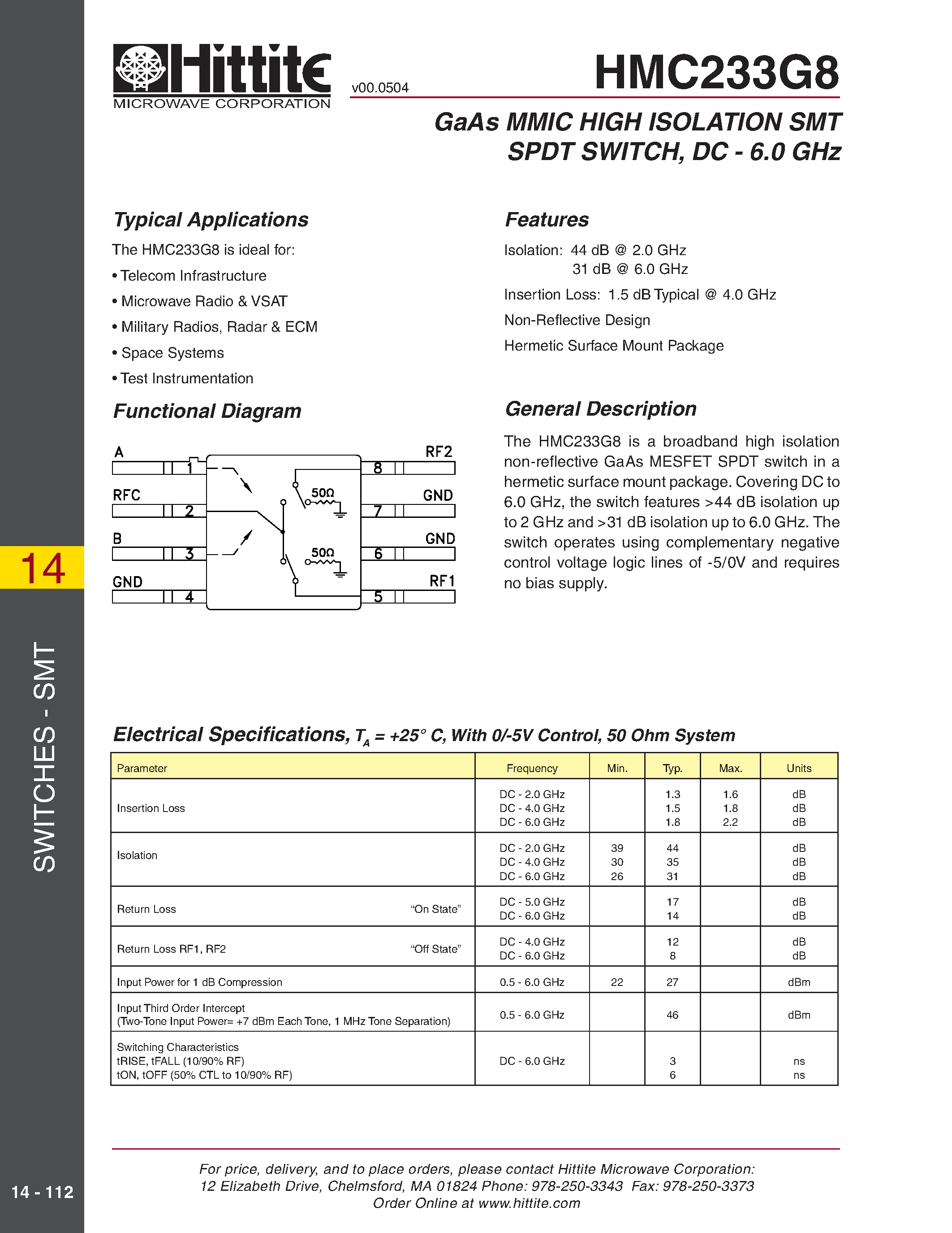 Datasheet HMC233G8 - GaAs MMIC HIGH ISOLATION SMT SPDT SWITCH/ DC - 6.0 GHz page 1