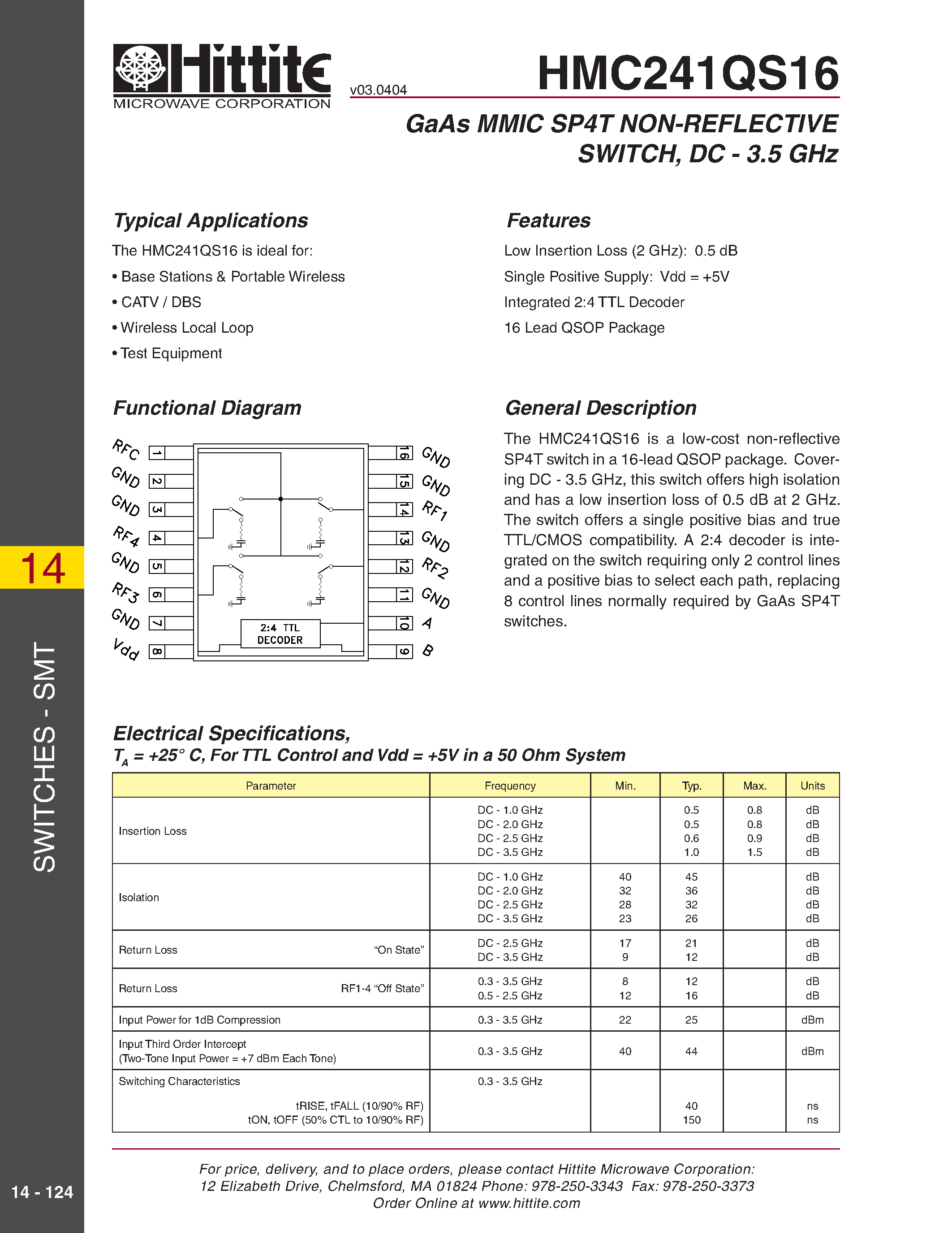 Datasheet HMC241QS16 - GaAs MMIC SP4T NON-REFLECTIVE SWITCH/ DC - 3.5 GHz page 1