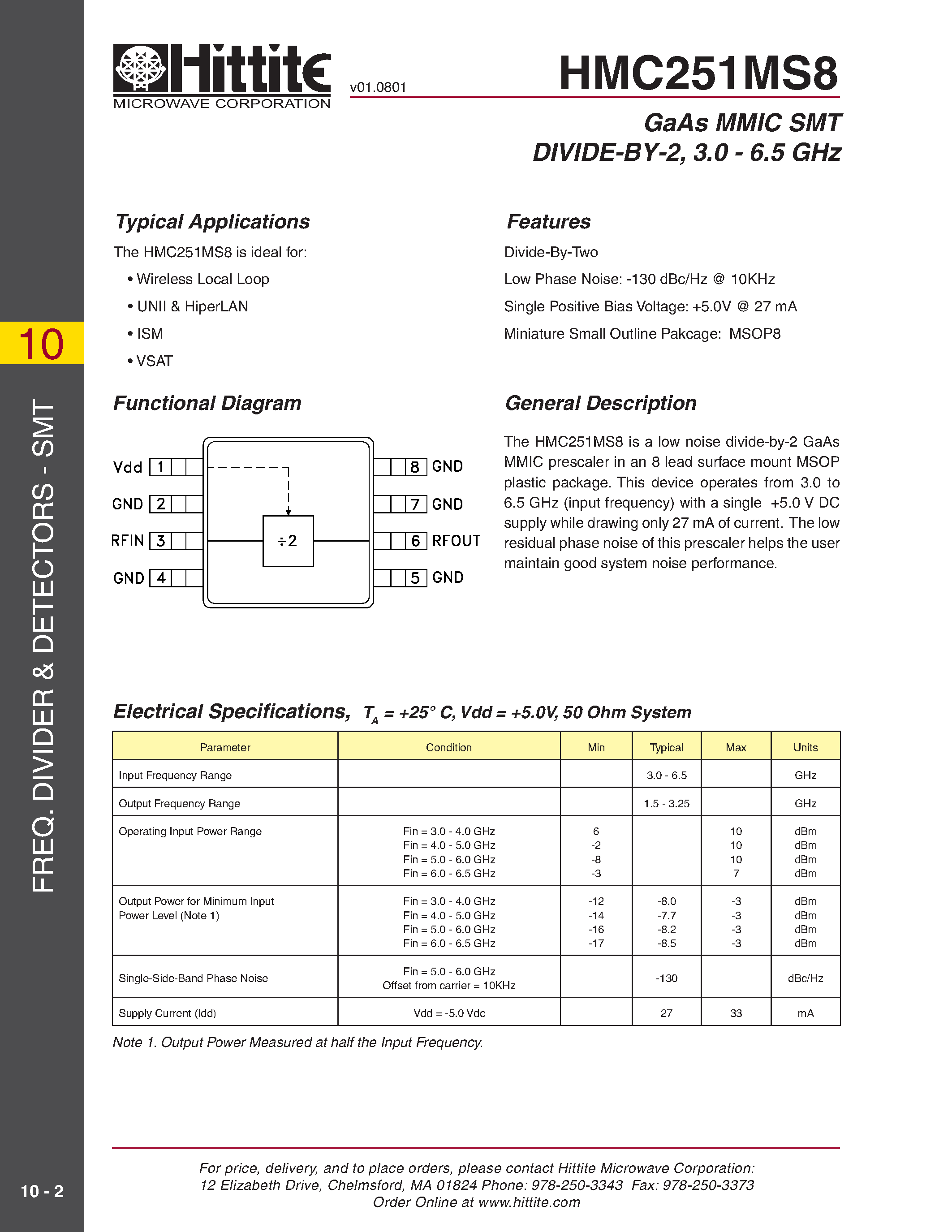 Datasheet HMC251MS8 - GaAs MMIC SMT DIVIDE-BY-2/ 3.0 - 6.5 GHz page 1