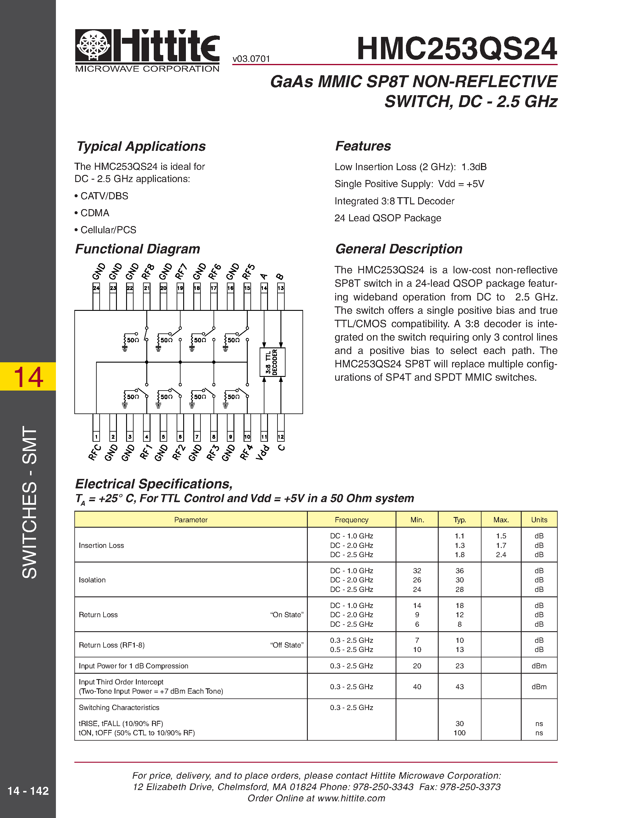 Datasheet HMC253QS24 - GaAs MMIC SP8T NON-REFLECTIVE SWITCH/ DC - 2.5 GHz page 1