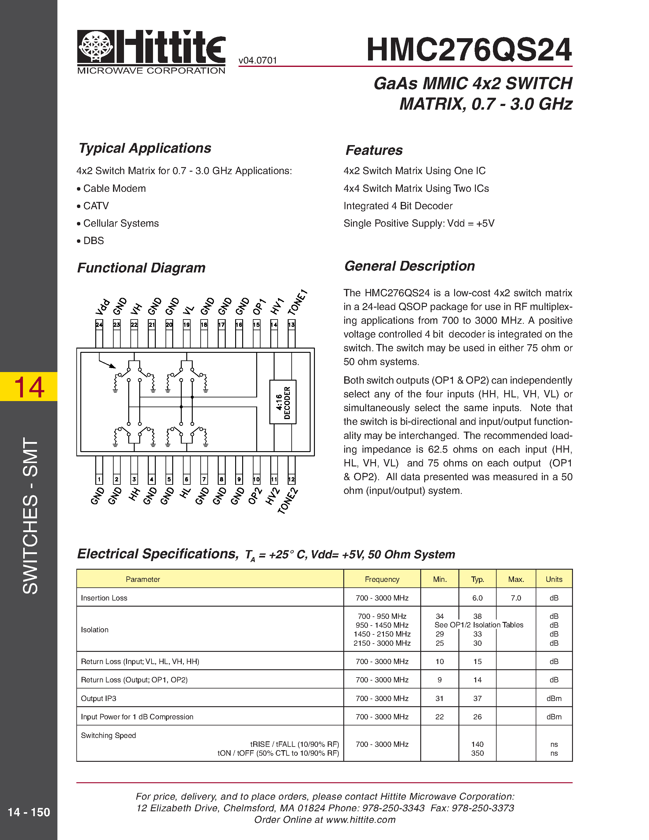 Datasheet HMC276QS24 - GaAs MMIC 4x2 SWITCH MATRIX/ 0.7 - 3.0 GHz page 1