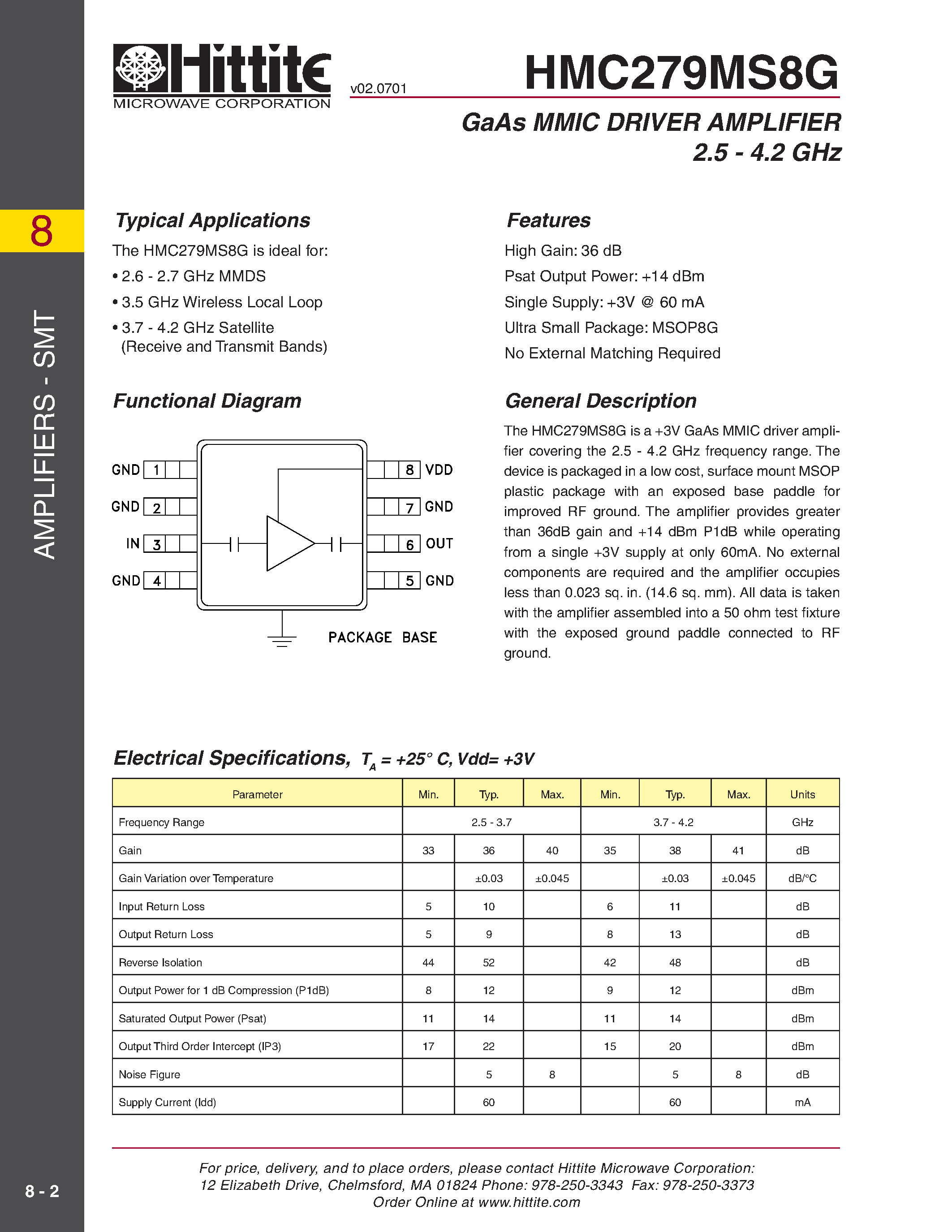 Даташит HMC279MS8G - GaAs MMIC DRIVER AMPLIFIER 2.5 - 4.2 GHz страница 1