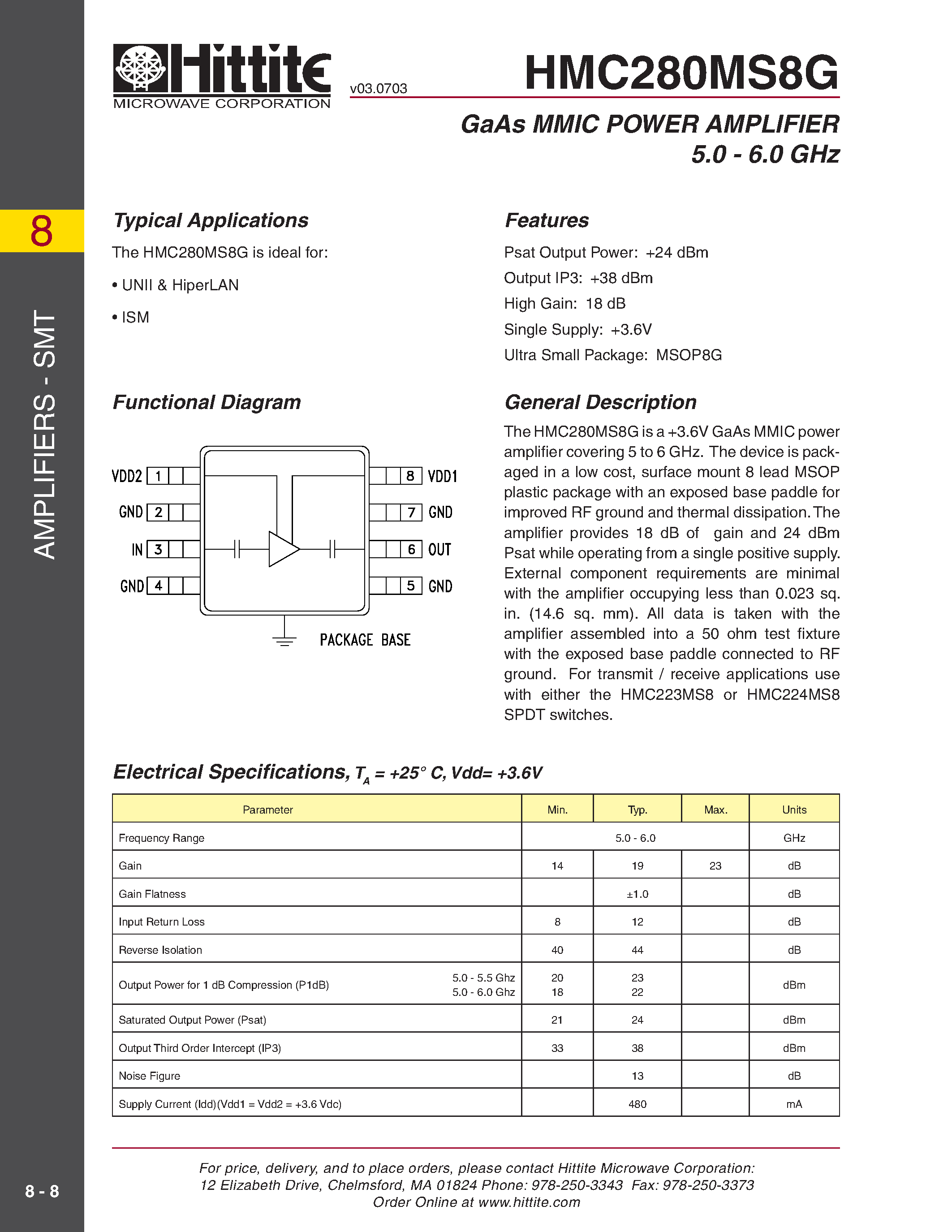 Datasheet HMC280MS8G - GaAs MMIC POWER AMPLIFIER 5.0 - 6.0 GHz page 1