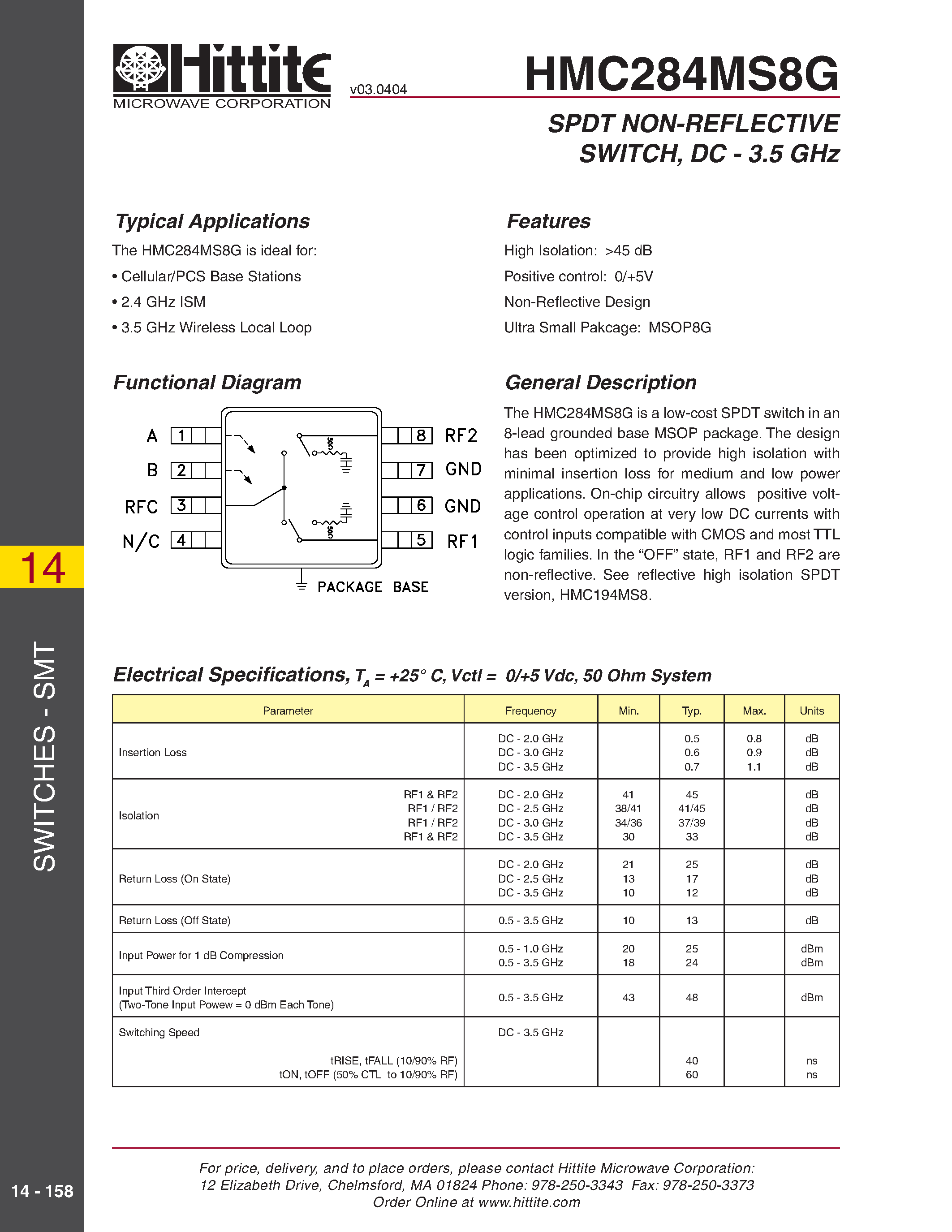 Datasheet HMC284MS8G page 1 Datasheet HMC284MS8G - SPDT NON-REFLECTIVE SWITCH/ DC - 3.5 GHz page 1