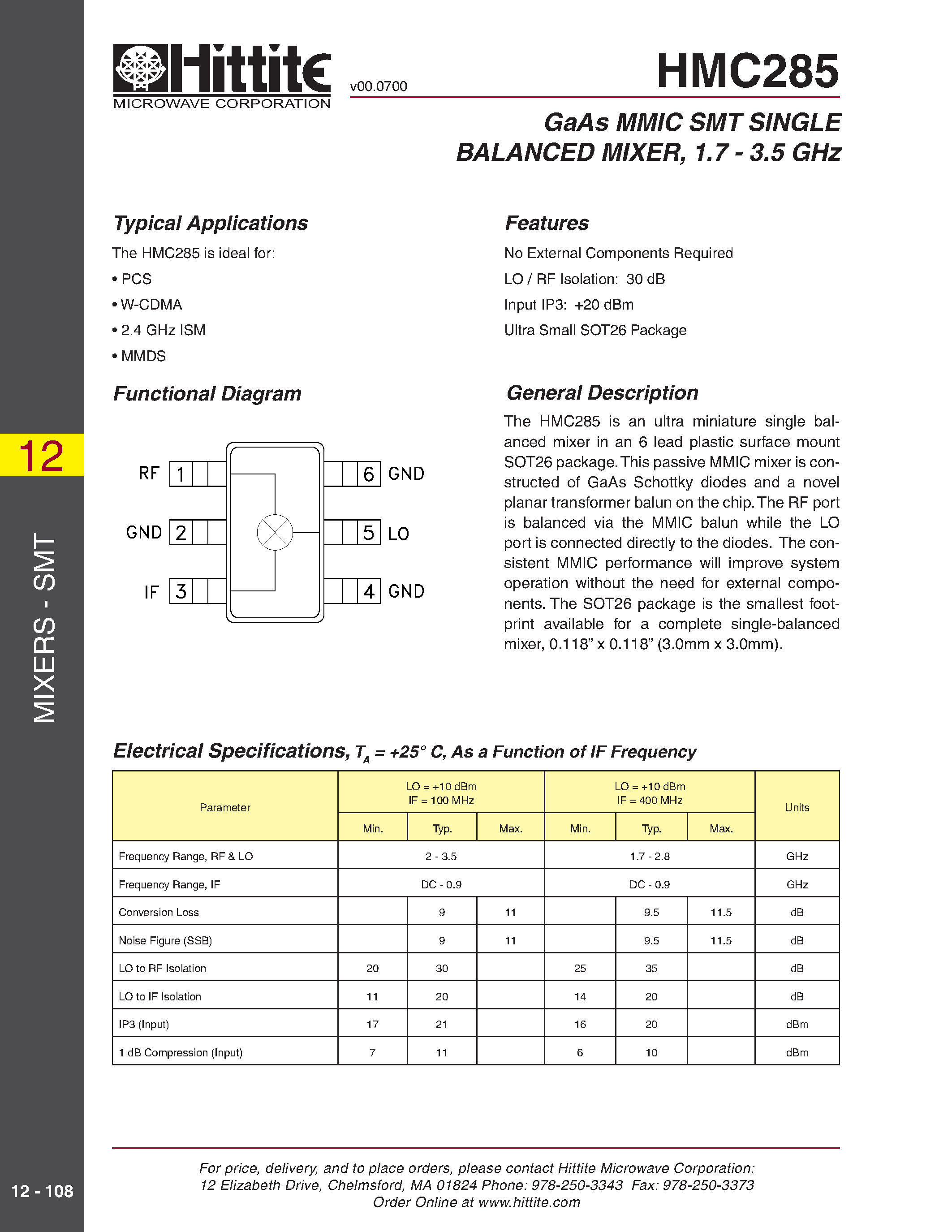 Datasheet HMC285 - GaAs MMIC SMT SINGLE BALANCED MIXER/ 1.7 - 3.5 GHz page 1