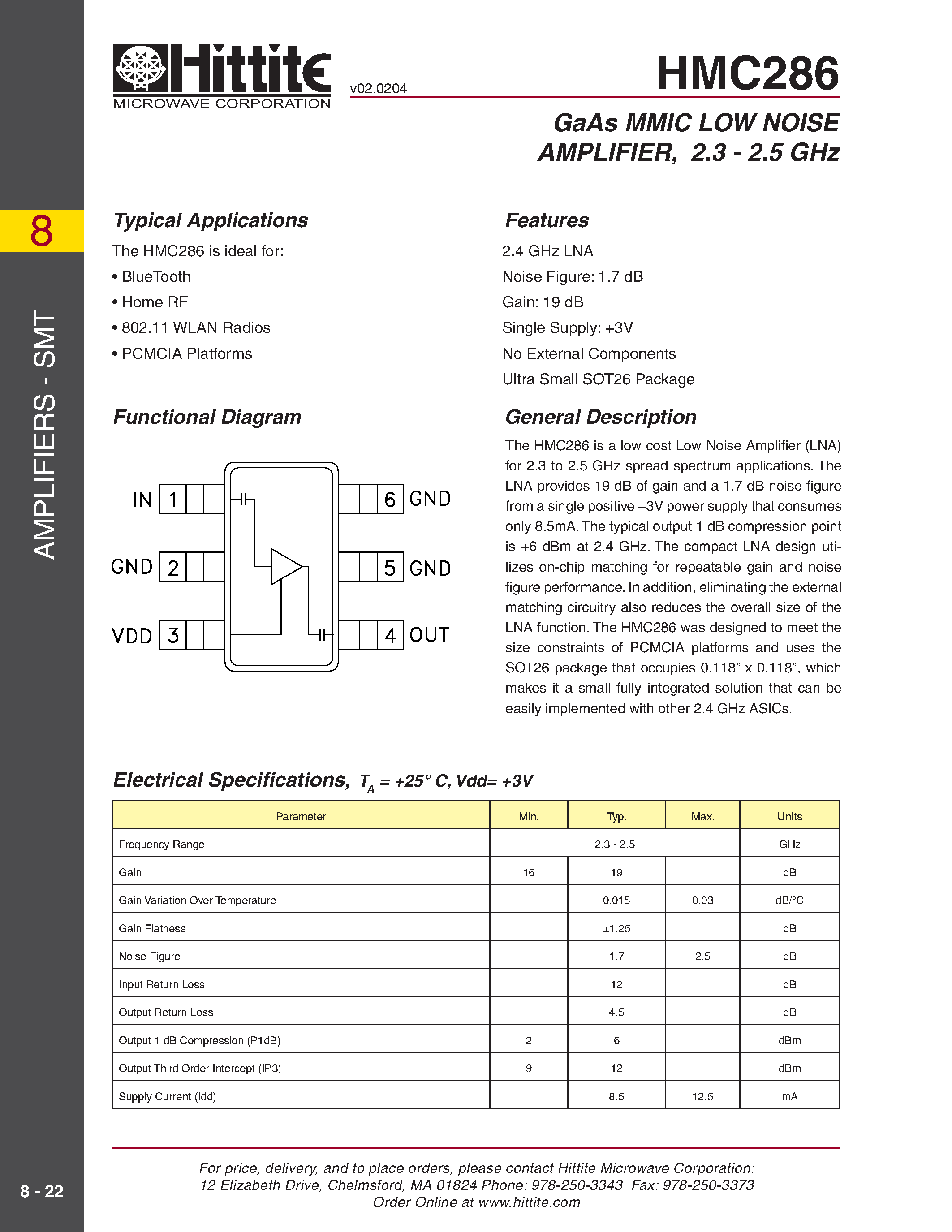 Datasheet HMC286 - GaAs MMIC LOW NOISE AMPLIFIER/ 2.3 - 2.5 GHz page 1