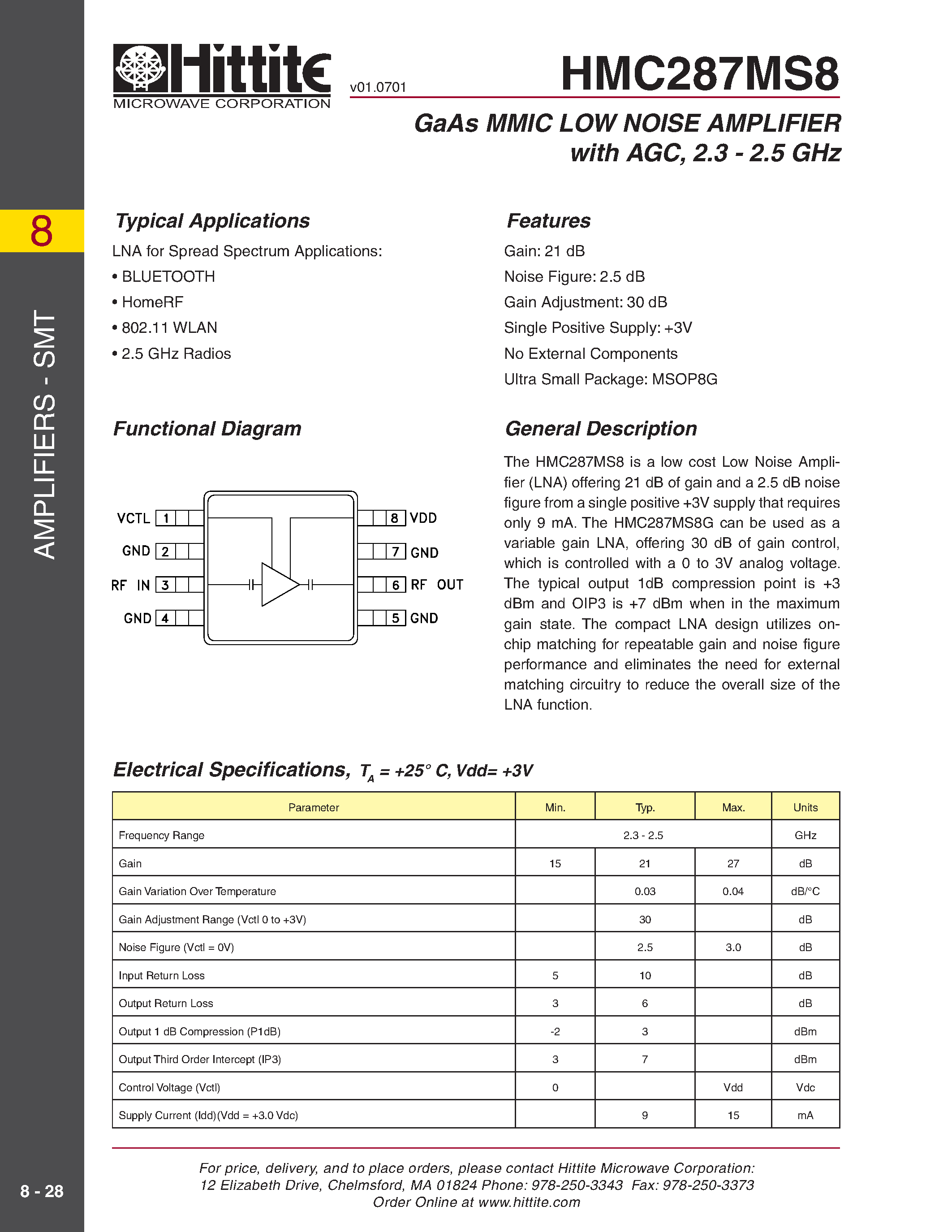 Datasheet HMC287MS8 - GaAs MMIC LOW NOISE AMPLIFIER with AGC/ 2.3 - 2.5 GHz page 1