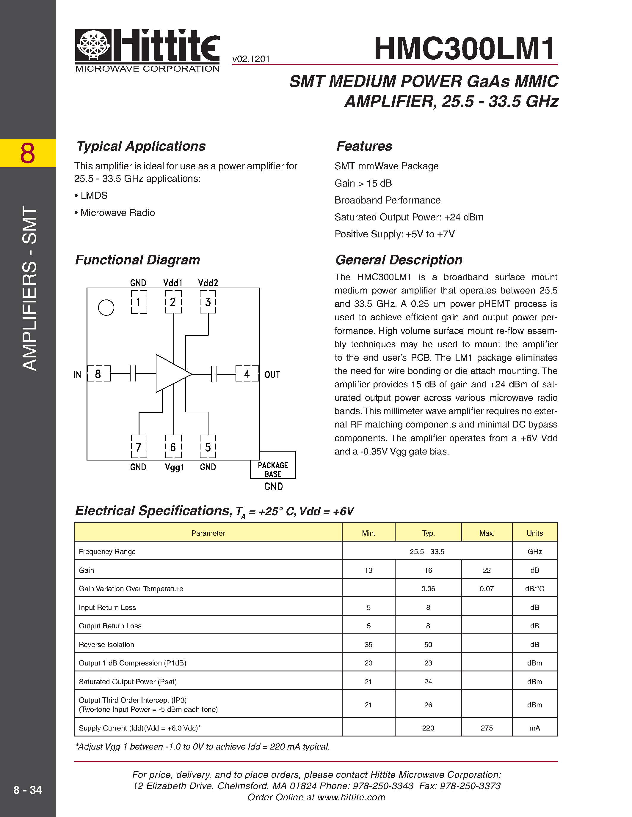 Datasheet HMC300LM1 - SMT MEDIUM POWER GaAs MMIC AMPLIFIER/ 25.5 - 33.5 GHz page 1