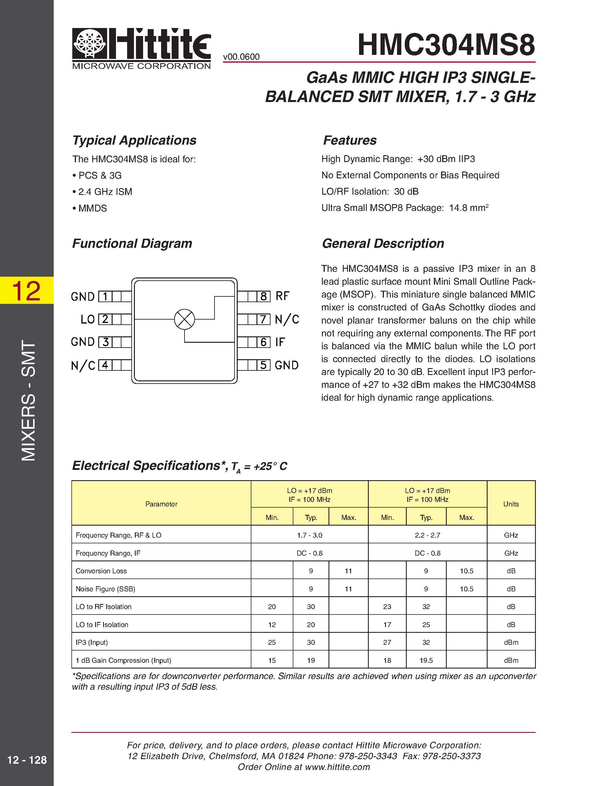 Datasheet HMC304MS8 page 1 Datasheet HMC304MS8 - GaAs MMIC HIGH IP3 SINGLEBALANCED SMT MIXER/ 1.7 - 3 GHz page 1