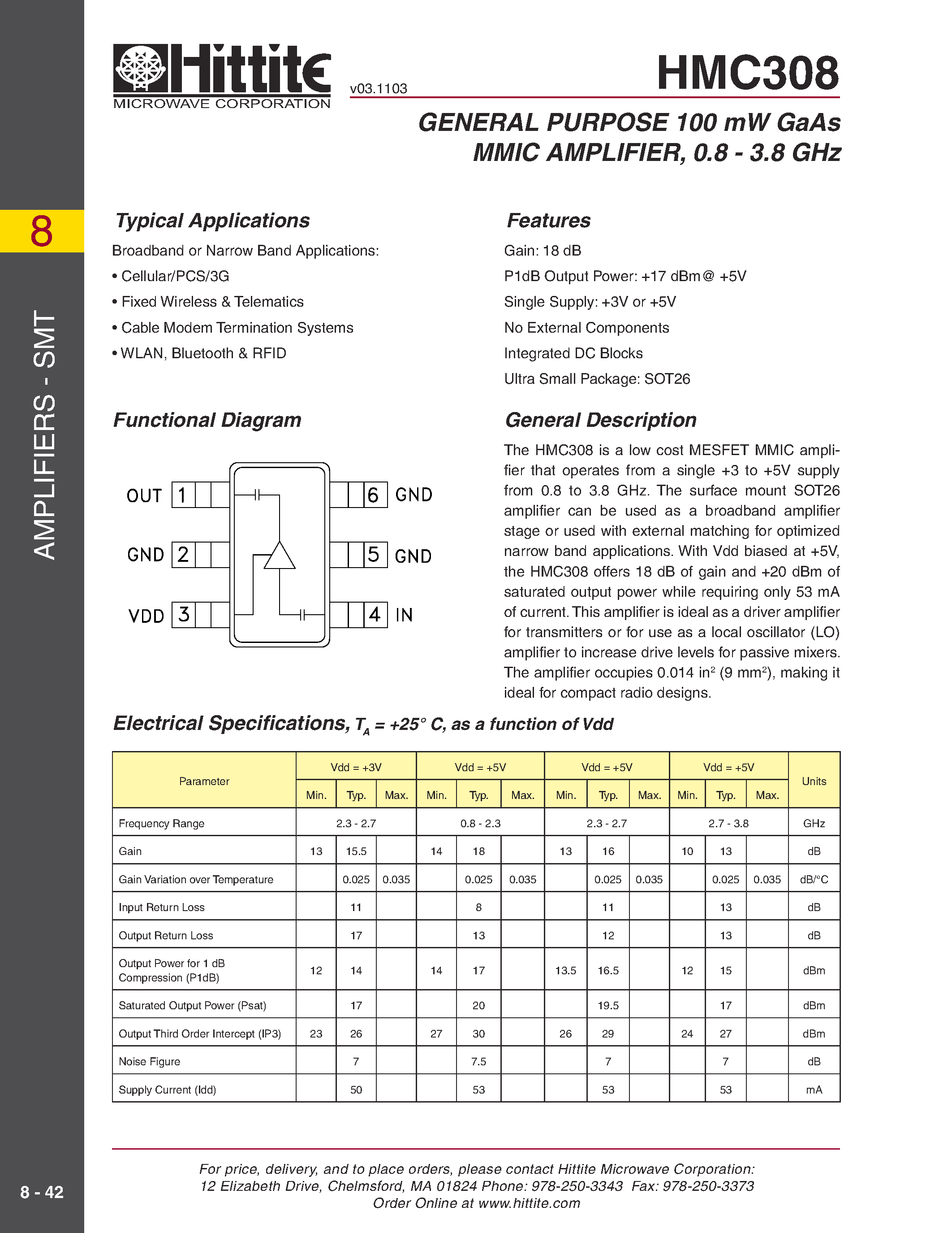 Datasheet HMC308 - GENERAL PURPOSE 100 mW GaAs MMIC AMPLIFIER/ 0.8 - 3.8 GHz page 1