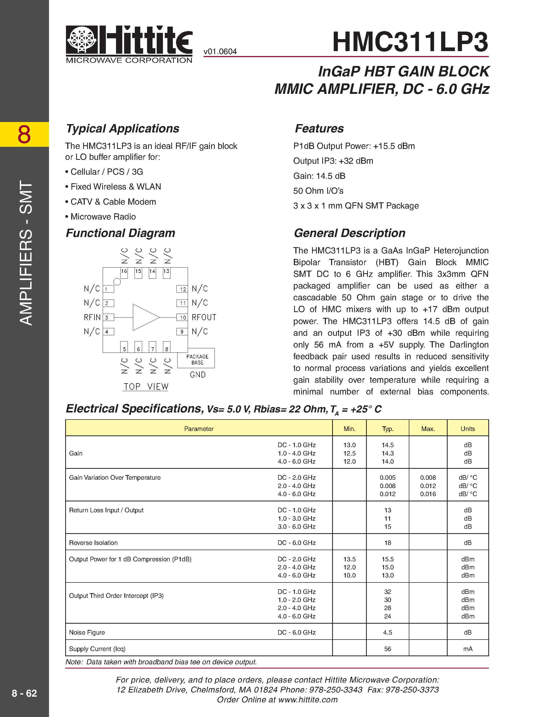 Datasheet HMC311LP3 page 1 Datasheet HMC311LP3 - InGaP HBT GAIN BLOCK MMIC AMPLIFIER/ DC - 6.0 GHz page 1