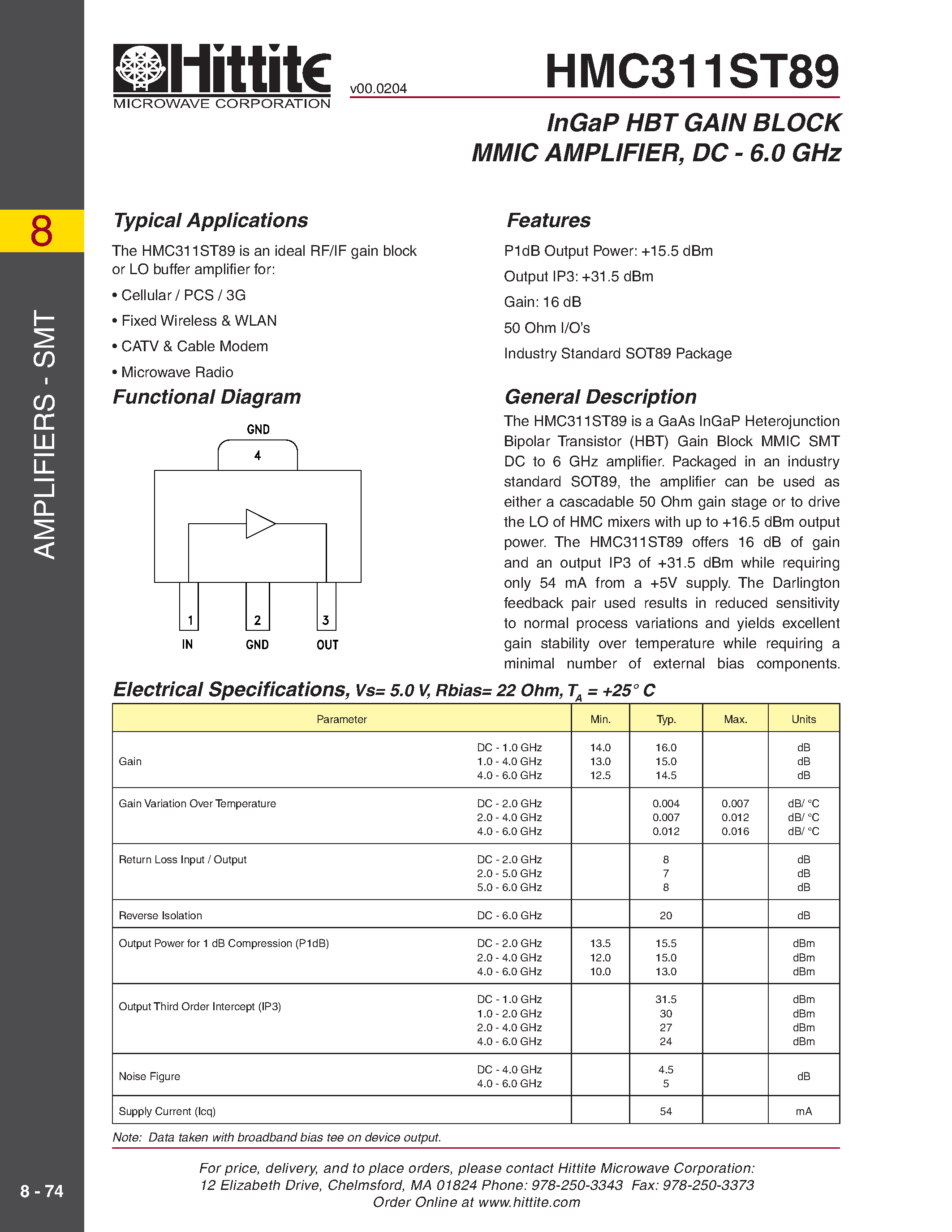 Datasheet HMC311ST89 - InGaP HBT GAIN BLOCK MMIC AMPLIFIER/ DC - 6.0 GHz page 1