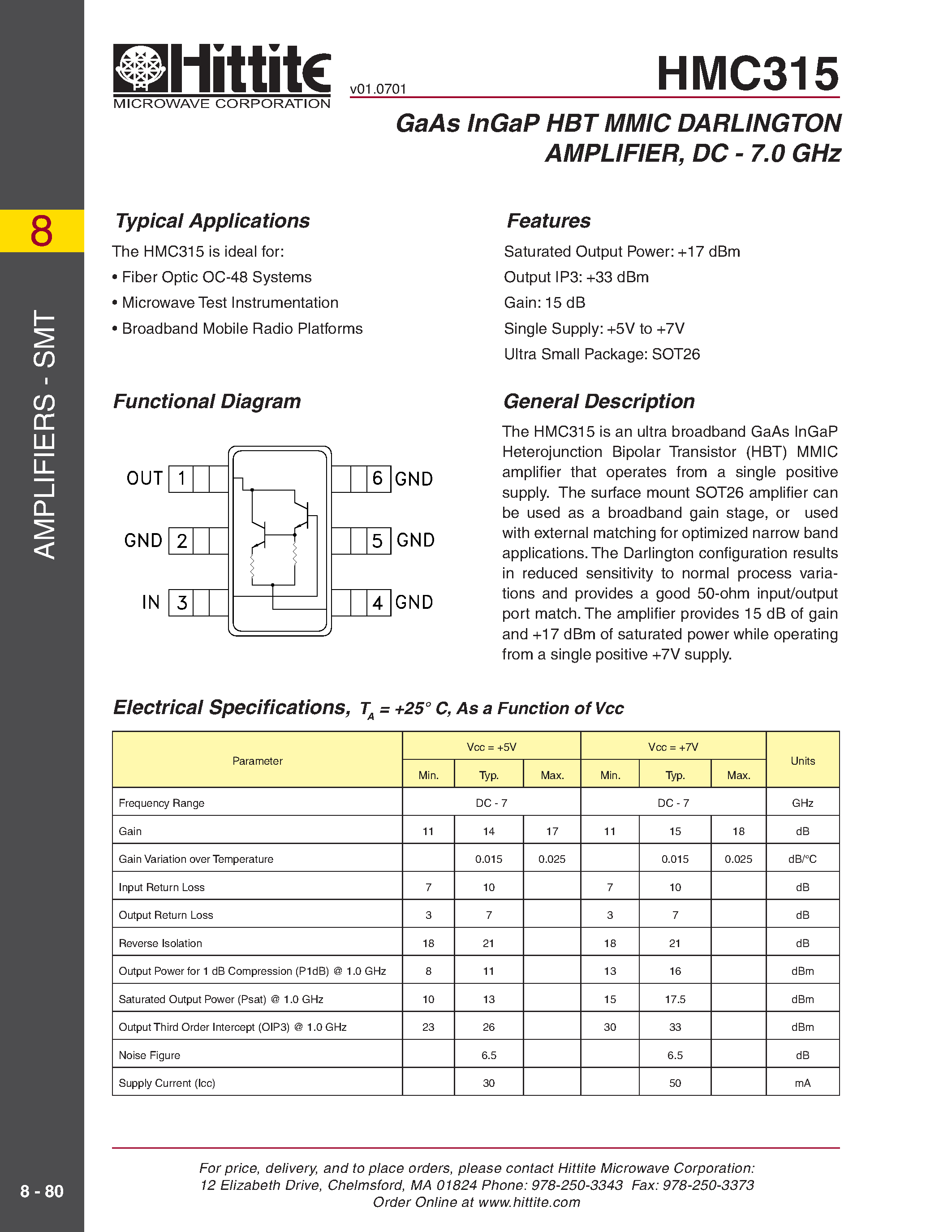 Datasheet HMC315 - GaAs InGaP HBT MMIC DARLINGTON AMPLIFIER/ DC - 7.0 GHz page 1