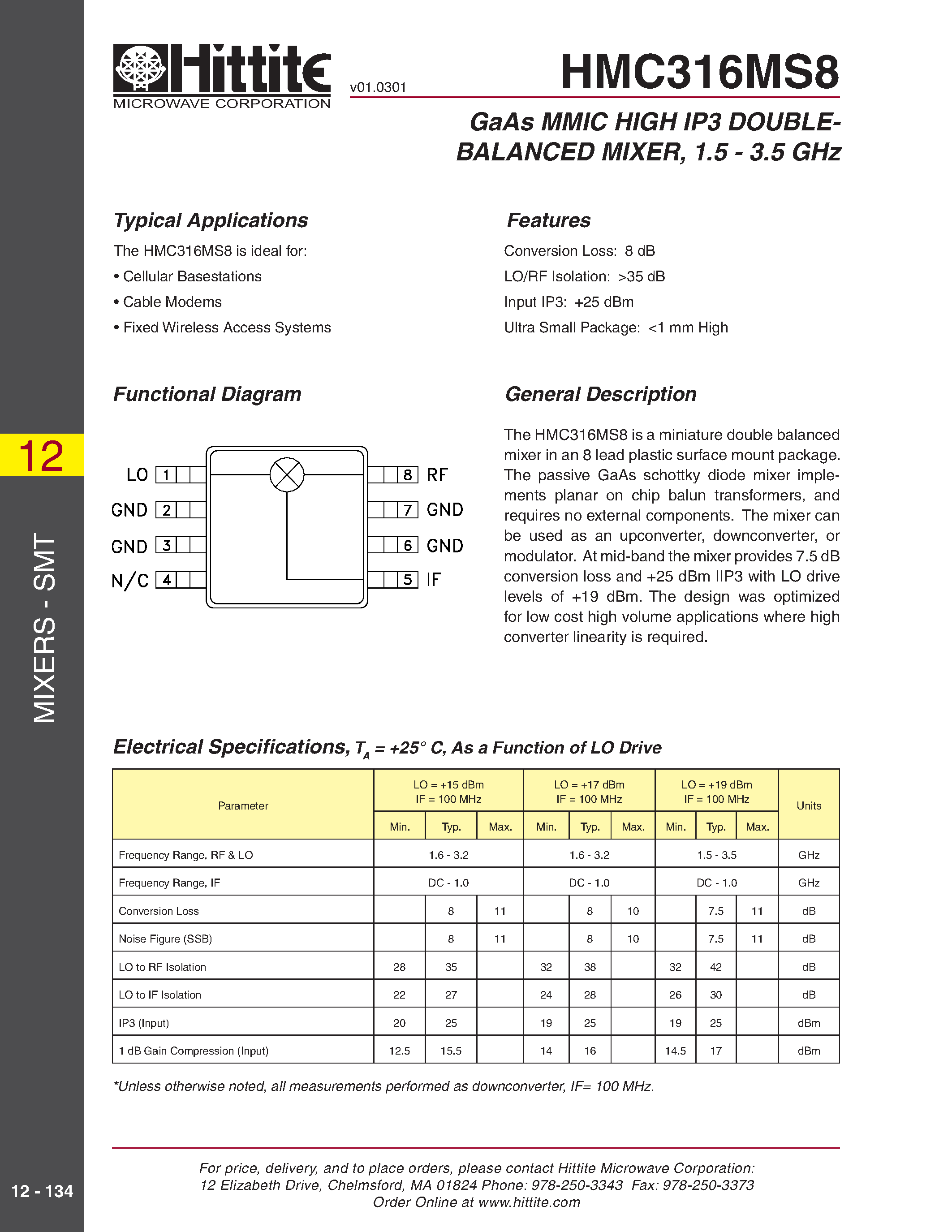 Datasheet HMC316MS8 - GaAs MMIC HIGH IP3 DOUBLEBALANCED MIXER/ 1.5 - 3.5 GHz page 1