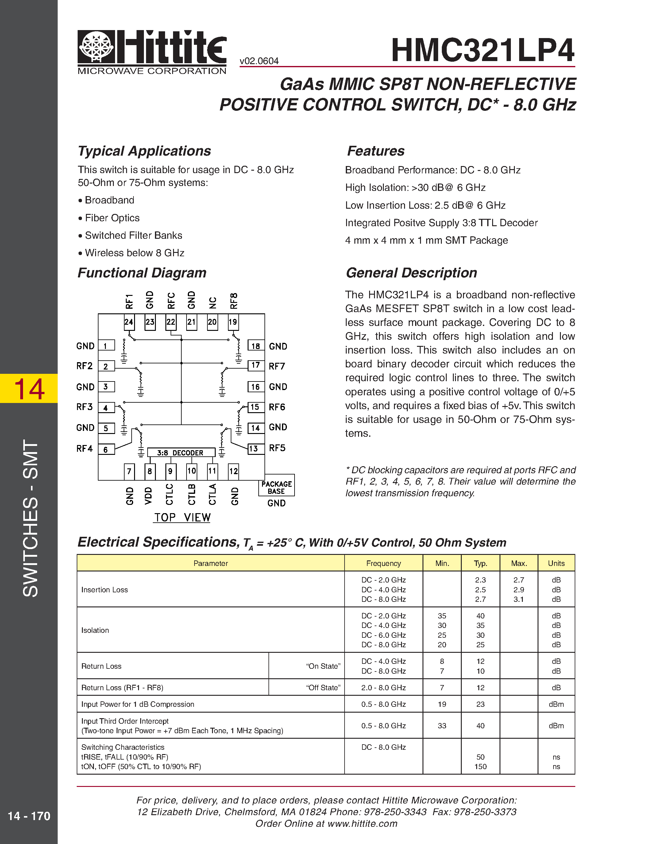 Datasheet HMC321LP4 page 1 Datasheet HMC321LP4 - GaAs MMIC SP8T NON-REFLECTIVE POSITIVE CONTROL SWITCH/ DC - 8.0 GHz page 1