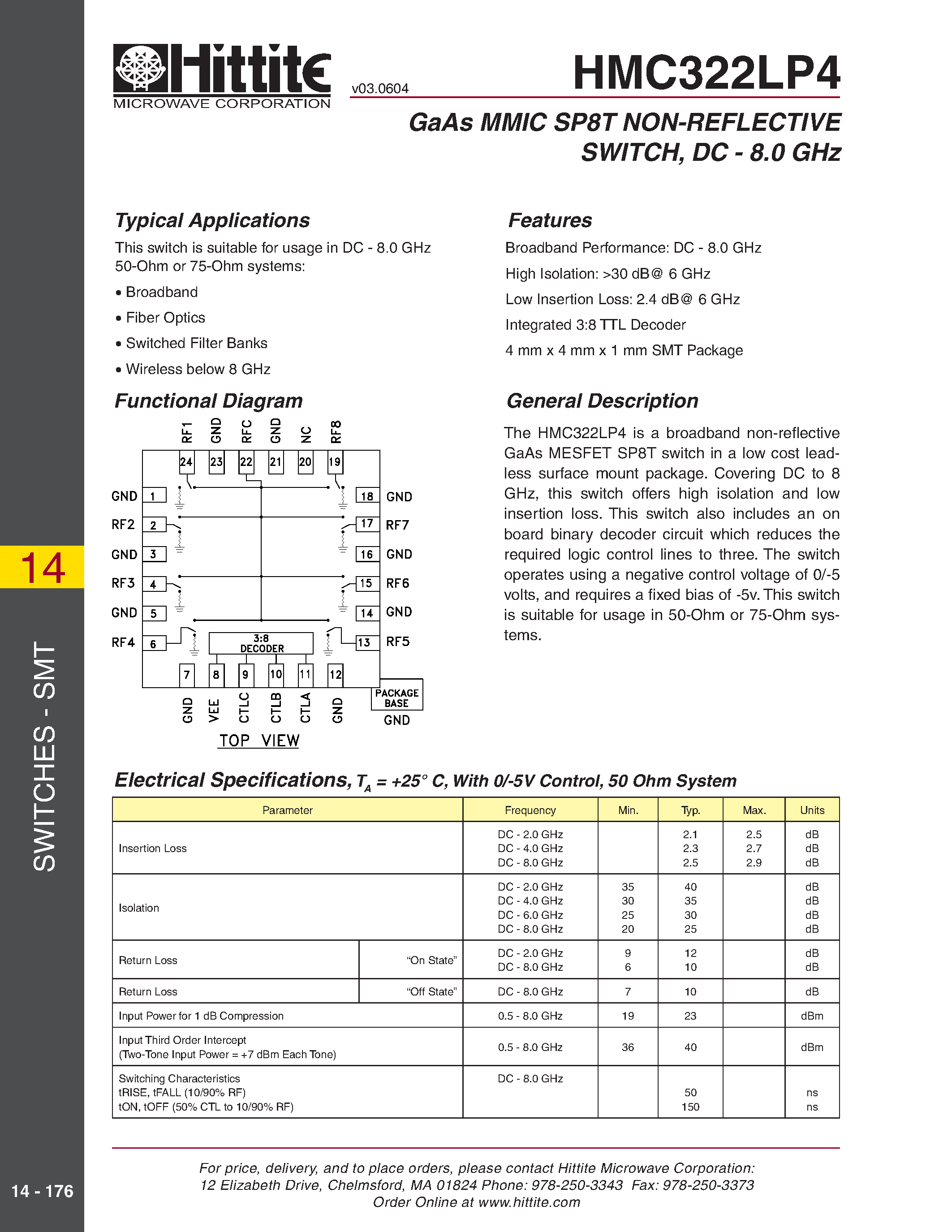 Datasheet HMC322LP4 page 1 Datasheet HMC322LP4 - GaAs MMIC SP8T NON-REFLECTIVE SWITCH/ DC - 8.0 GHz page 1