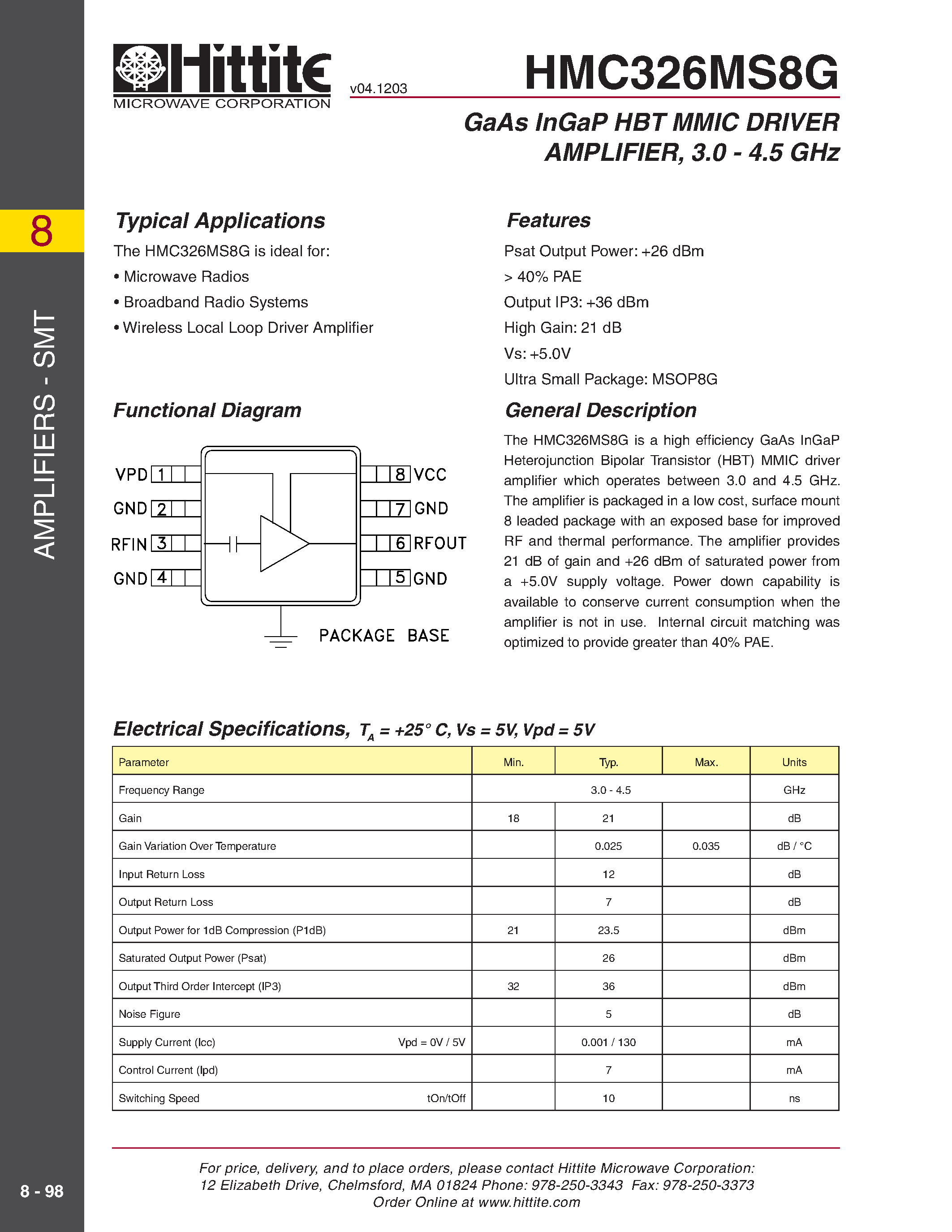 Даташит HMC326MS8G - GaAs InGaP HBT MMIC DRIVER AMPLIFIER/ 3.0 - 4.5 GHz страница 1