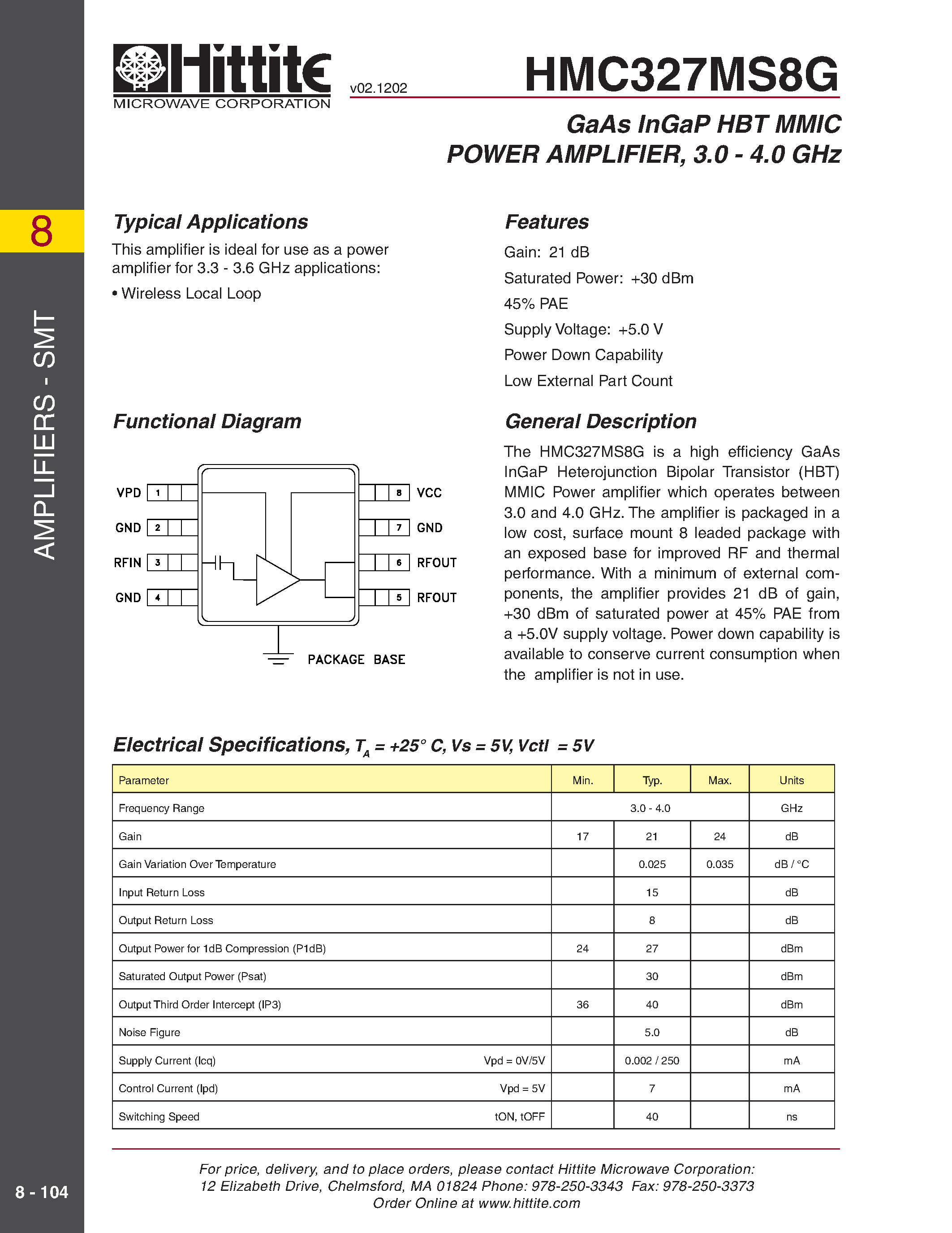 Datasheet HMC327MS8G - GaAs InGaP HBT MMIC POWER AMPLIFIER/ 3.0 - 4.0 GHz page 1