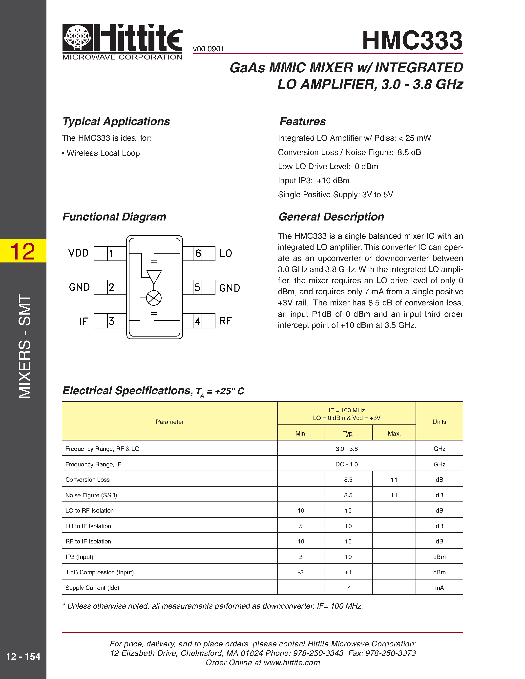 Даташит HMC333 - GaAs MMIC MIXER w/ INTEGRATED LO AMPLIFIER/ 3.0 - 3.8 GHz страница 1