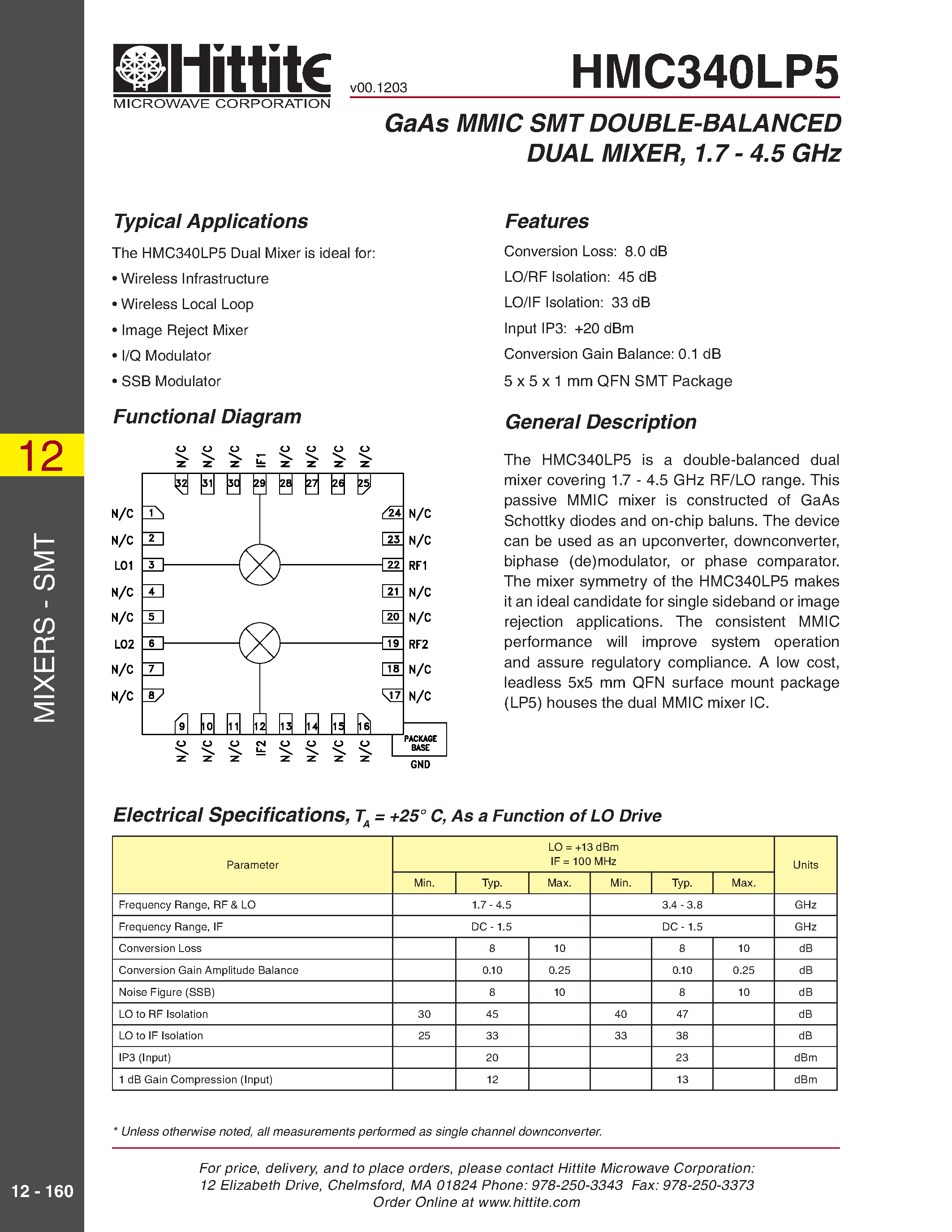 Datasheet HMC340LP5 - GaAs MMIC SMT DOUBLE-BALANCED DUAL MIXER/ 1.7 - 4.5 GHz page 1