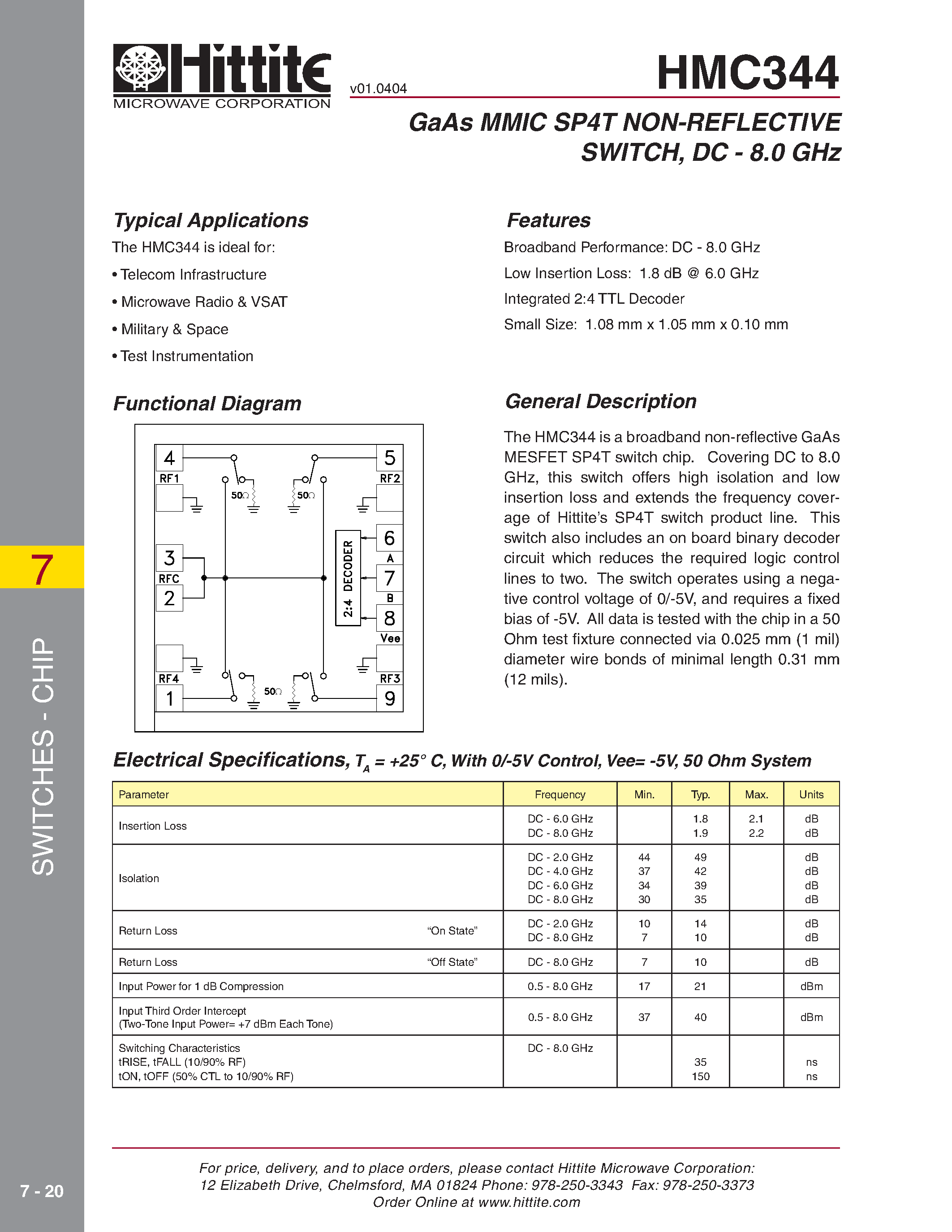 Datasheet HMC344 page 1 Datasheet HMC344 - GaAs MMIC SP4T NON-REFLECTIVE SWITCH/ DC - 8.0 GHz page 1