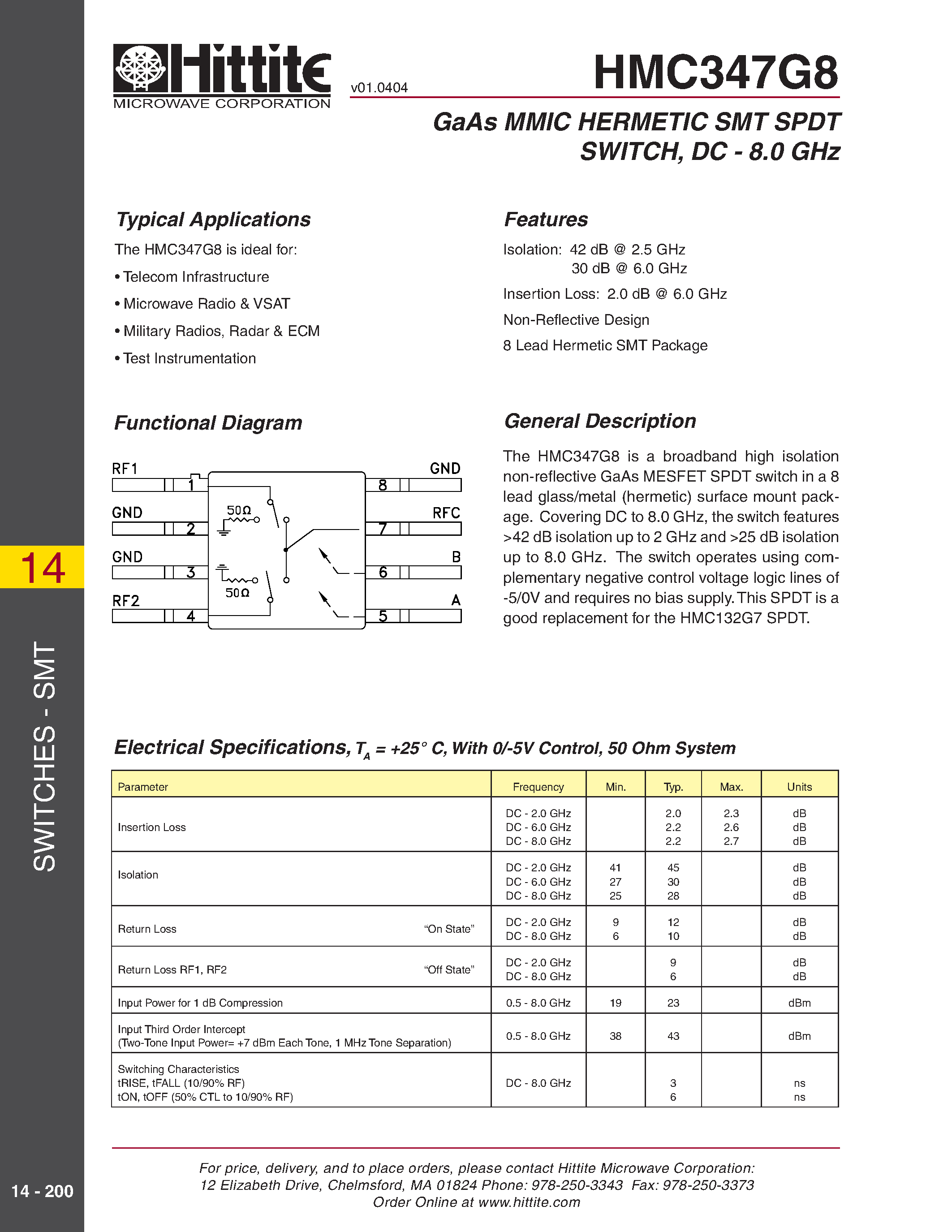 Datasheet HMC347G8 page 1 Datasheet HMC347G8 - GaAs MMIC HERMETIC SMT SPDT SWITCH/ DC - 8.0 GHz page 1