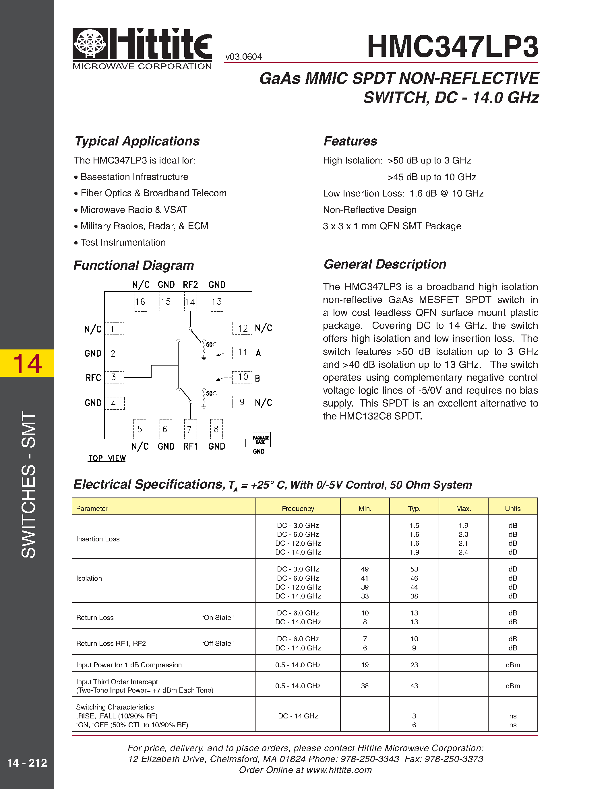 Datasheet HMC347LP3 page 1 Datasheet HMC347LP3 - GaAs MMIC SPDT NON-REFLECTIVE SWITCH/ DC - 14.0 GHz page 1