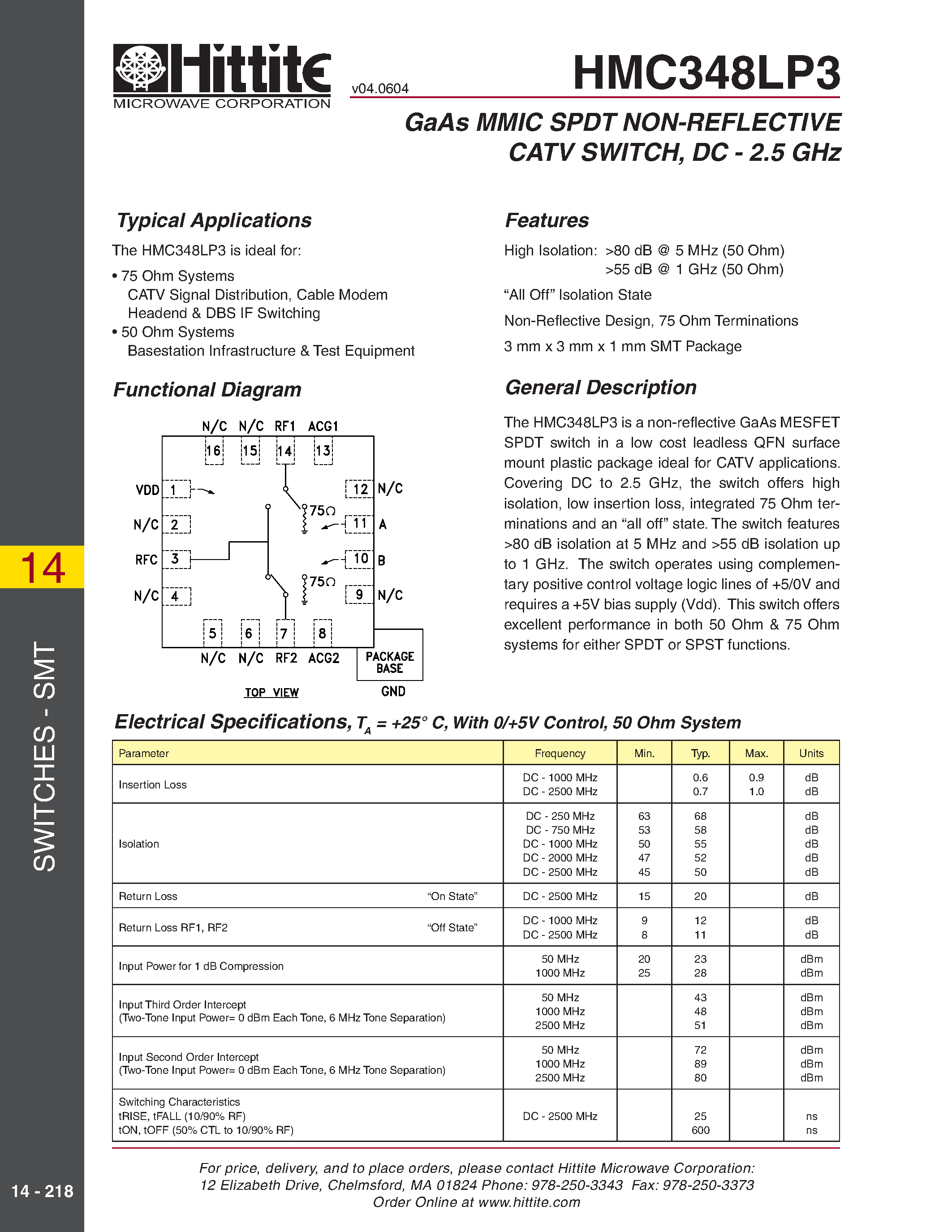 Datasheet HMC348LP3 - GaAs MMIC SPDT NON-REFLECTIVE CATV SWITCH/ DC - 2.5 GHz page 1