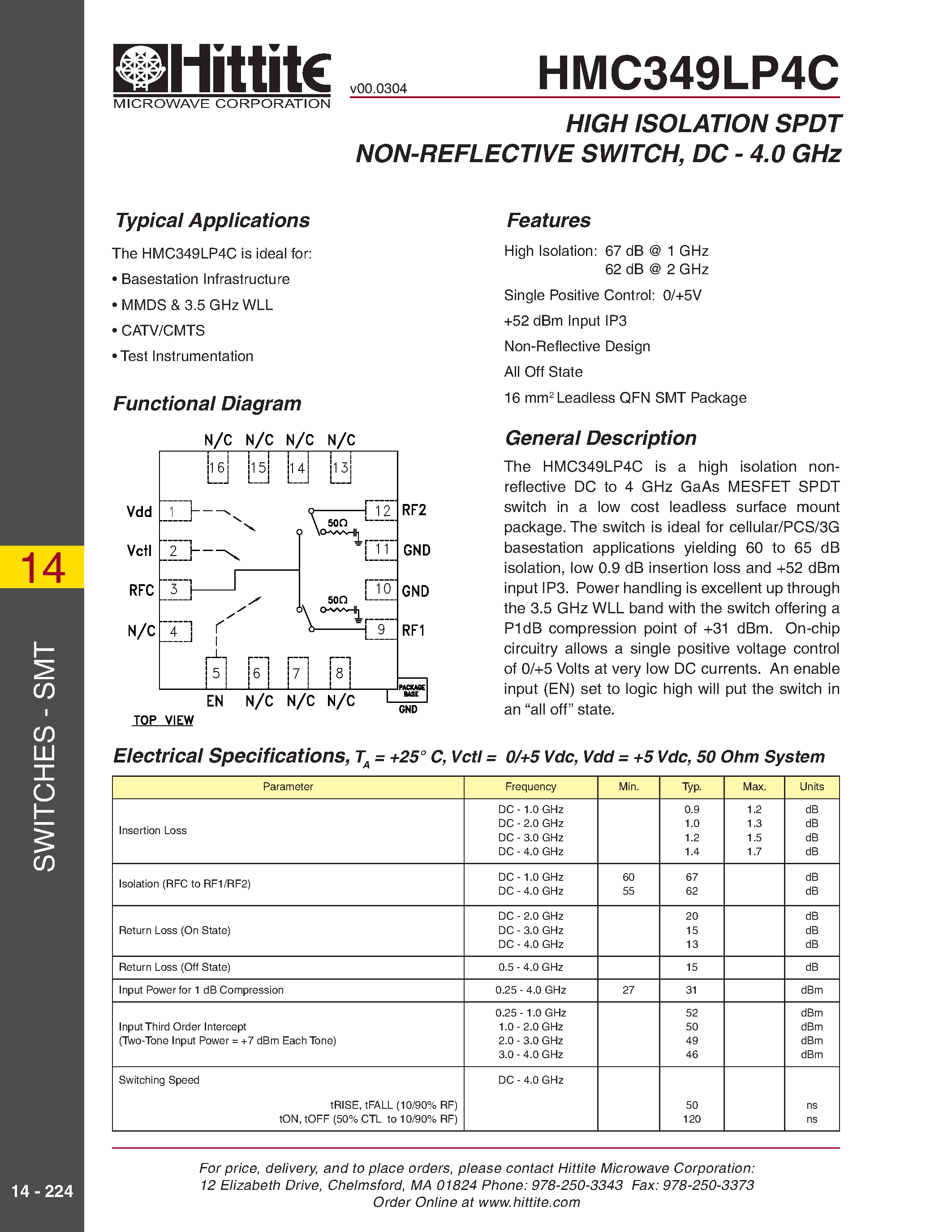 Даташит HMC349LP4C - HIGH ISOLATION SPDT NON-REFLECTIVE SWITCH/ DC - 4.0 GHz страница 1