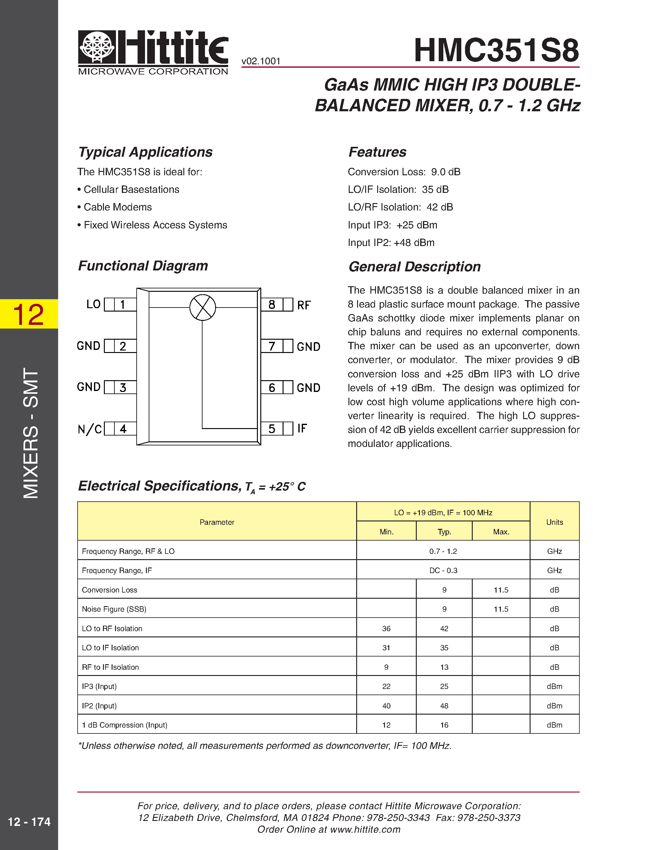 Datasheet HMC351S8 page 1 Datasheet HMC351S8 - GaAs MMIC HIGH IP3 DOUBLEBALANCED MIXER/ 0.7 - 1.2 GHz page 1