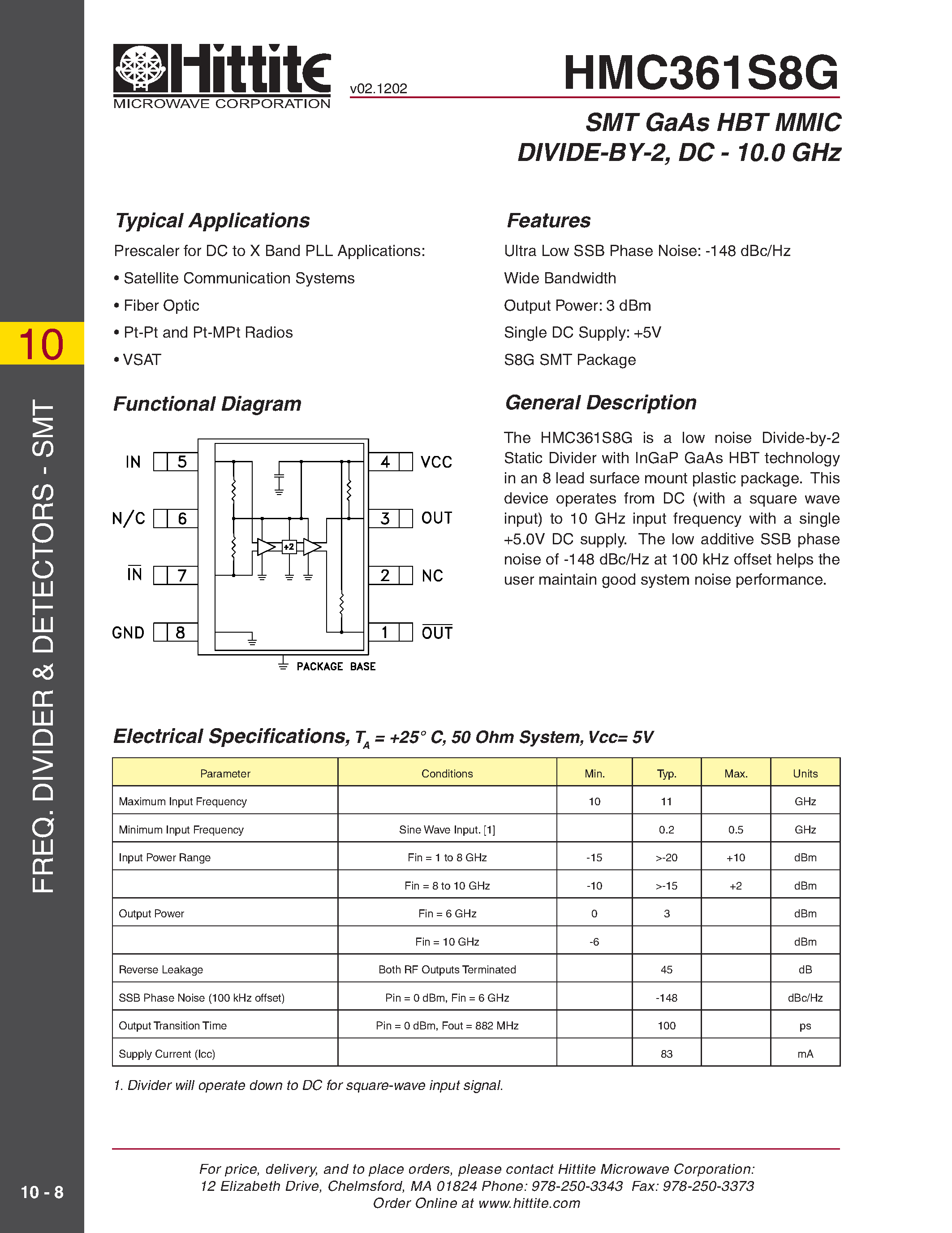 Datasheet HMC361S8G page 1 Datasheet HMC361S8G - SMT GaAs HBT MMIC DIVIDE-BY-2/ DC - 10.0 GHz page 1