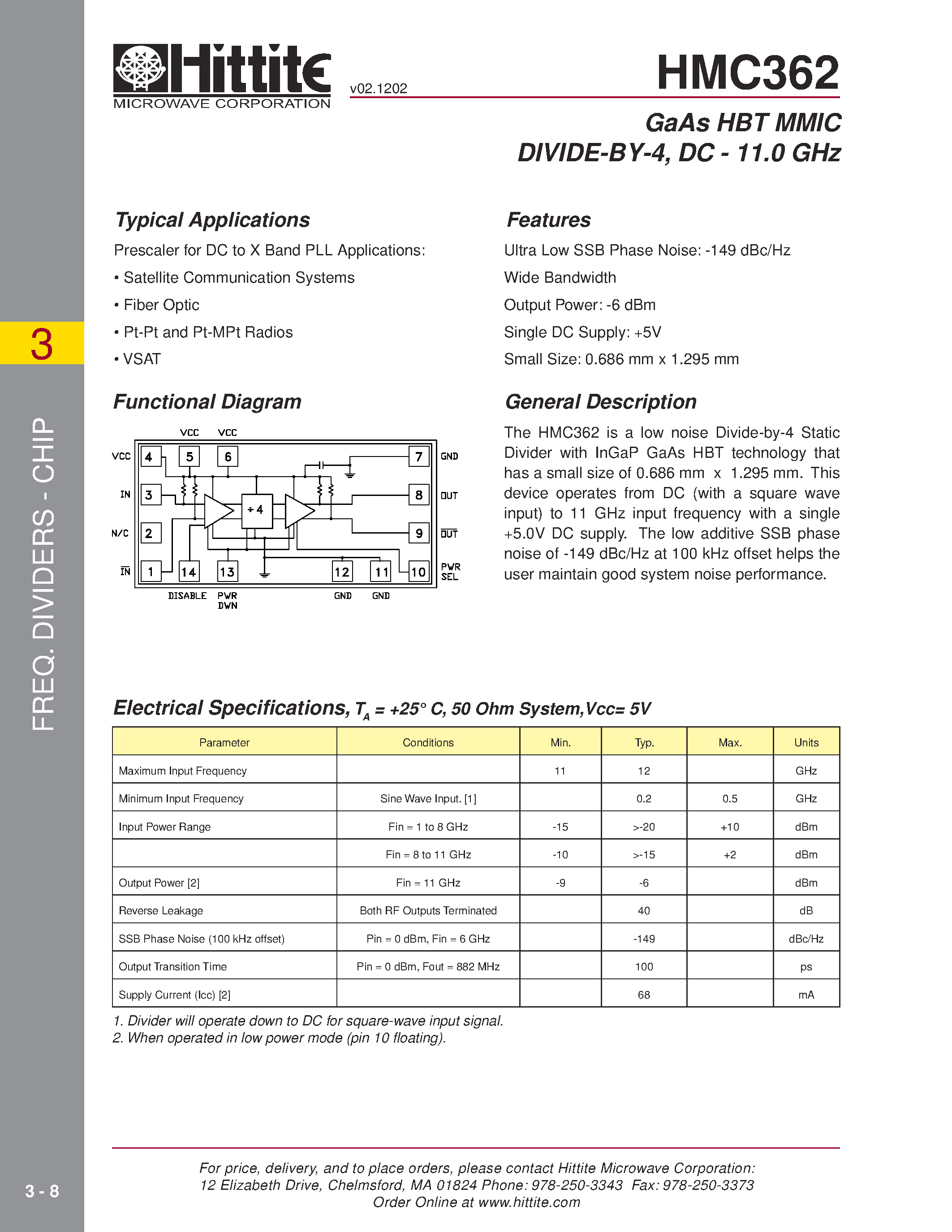 Даташит HMC362 - GaAs HBT MMIC DIVIDE-BY-4/ DC - 11.0 GHz страница 1