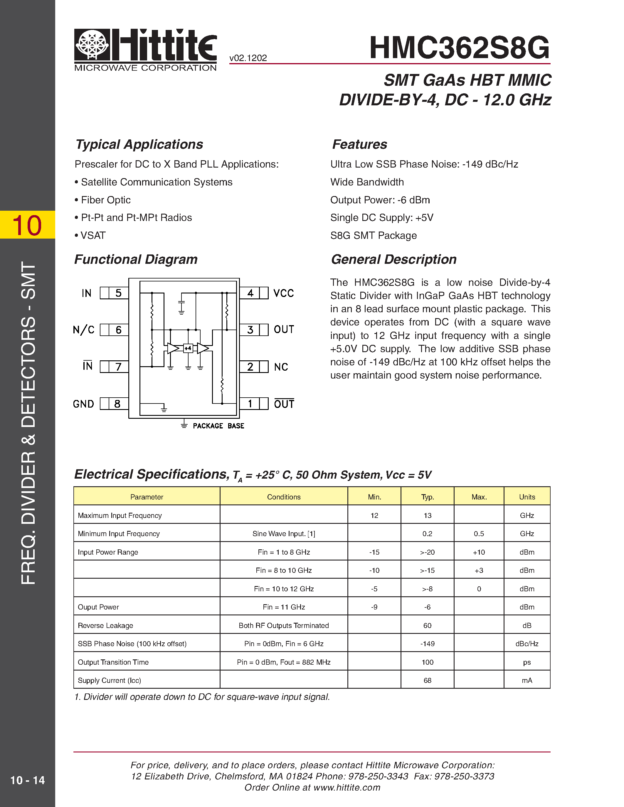 Даташит HMC362S8G - SMT GaAs HBT MMIC DIVIDE-BY-4/ DC - 12.0 GHz страница 1