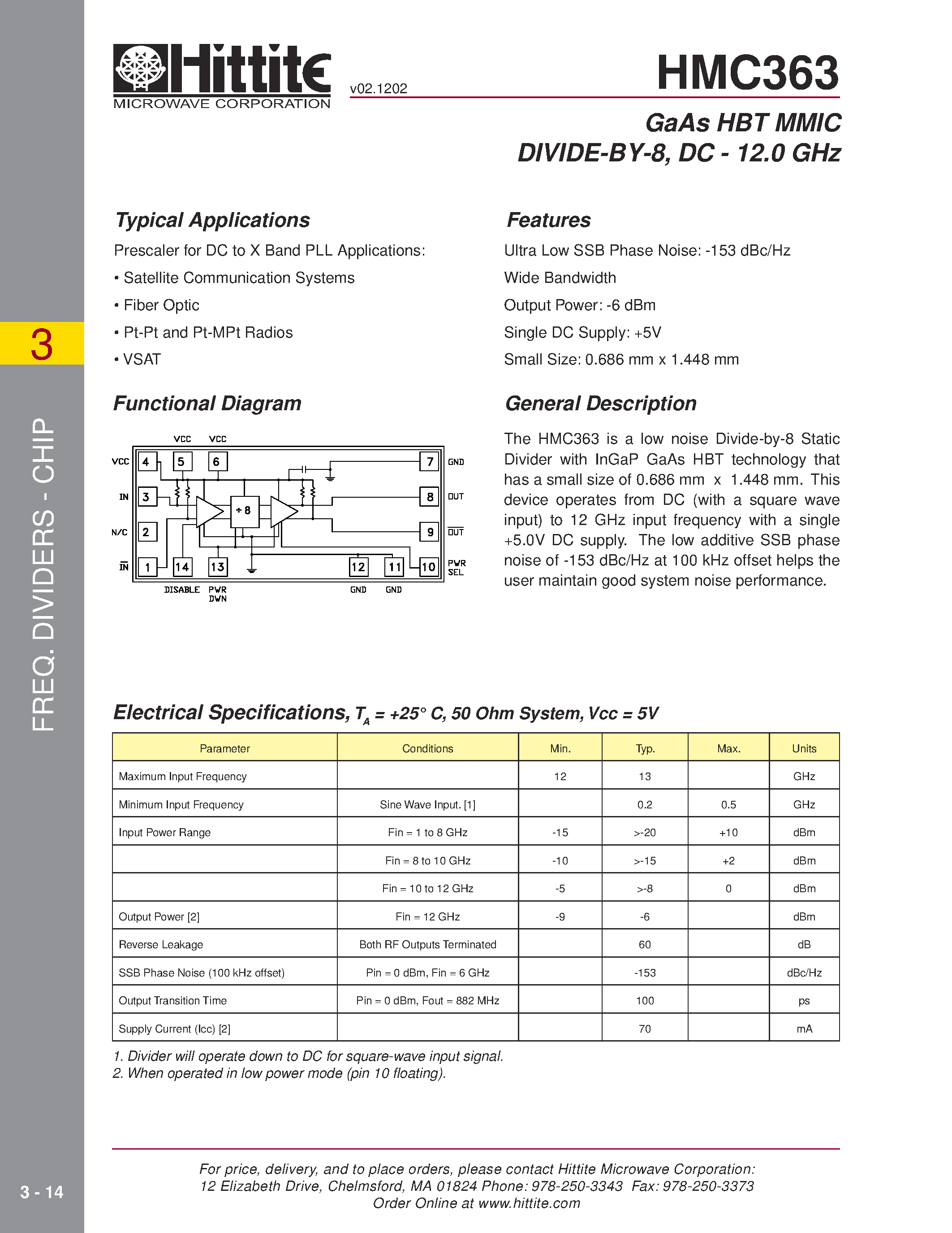 Datasheet HMC363 page 1 Datasheet HMC363 - GaAs HBT MMIC DIVIDE-BY-8/ DC - 12.0 GHz page 1