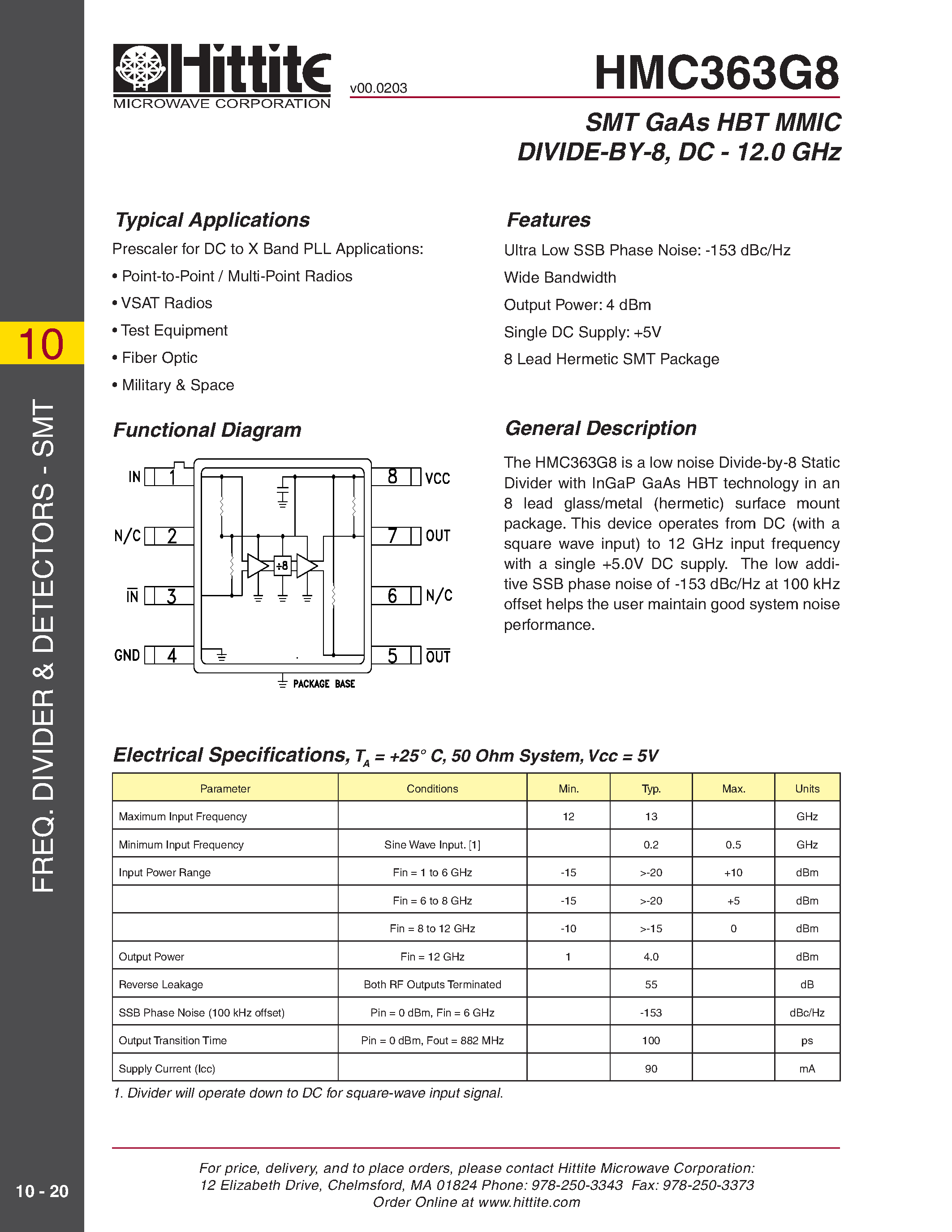 Даташит на микросхему HMC363G8 страница 1 Даташит HMC363G8 - SMT GaAs HBT MMIC DIVIDE-BY-8/ DC - 12.0 GHz страница 1