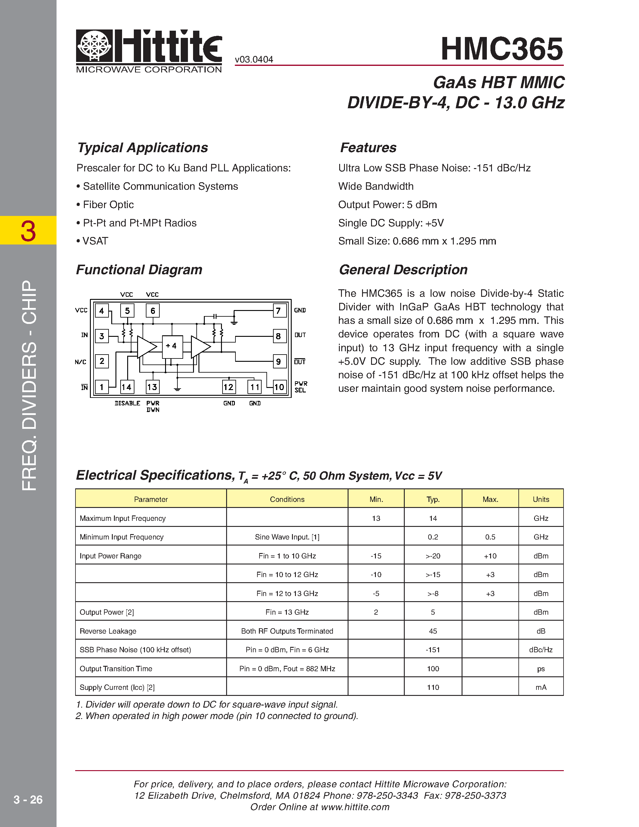 Даташит HMC365 - GaAs HBT MMIC DIVIDE-BY-4/ DC - 13.0 GHz страница 1