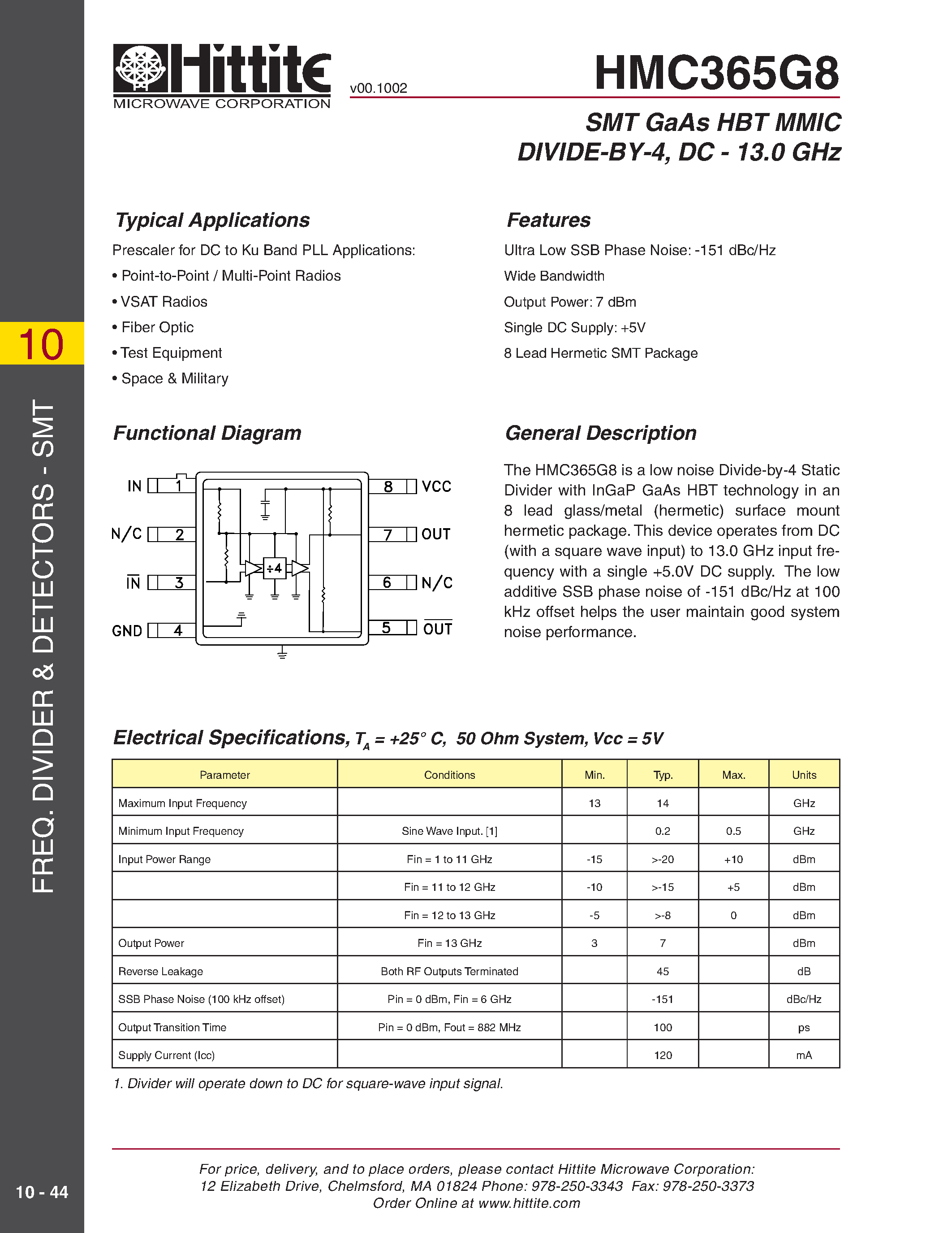 Даташит HMC365G8 - SMT GaAs HBT MMIC DIVIDE-BY-4/ DC - 13.0 GHz страница 1