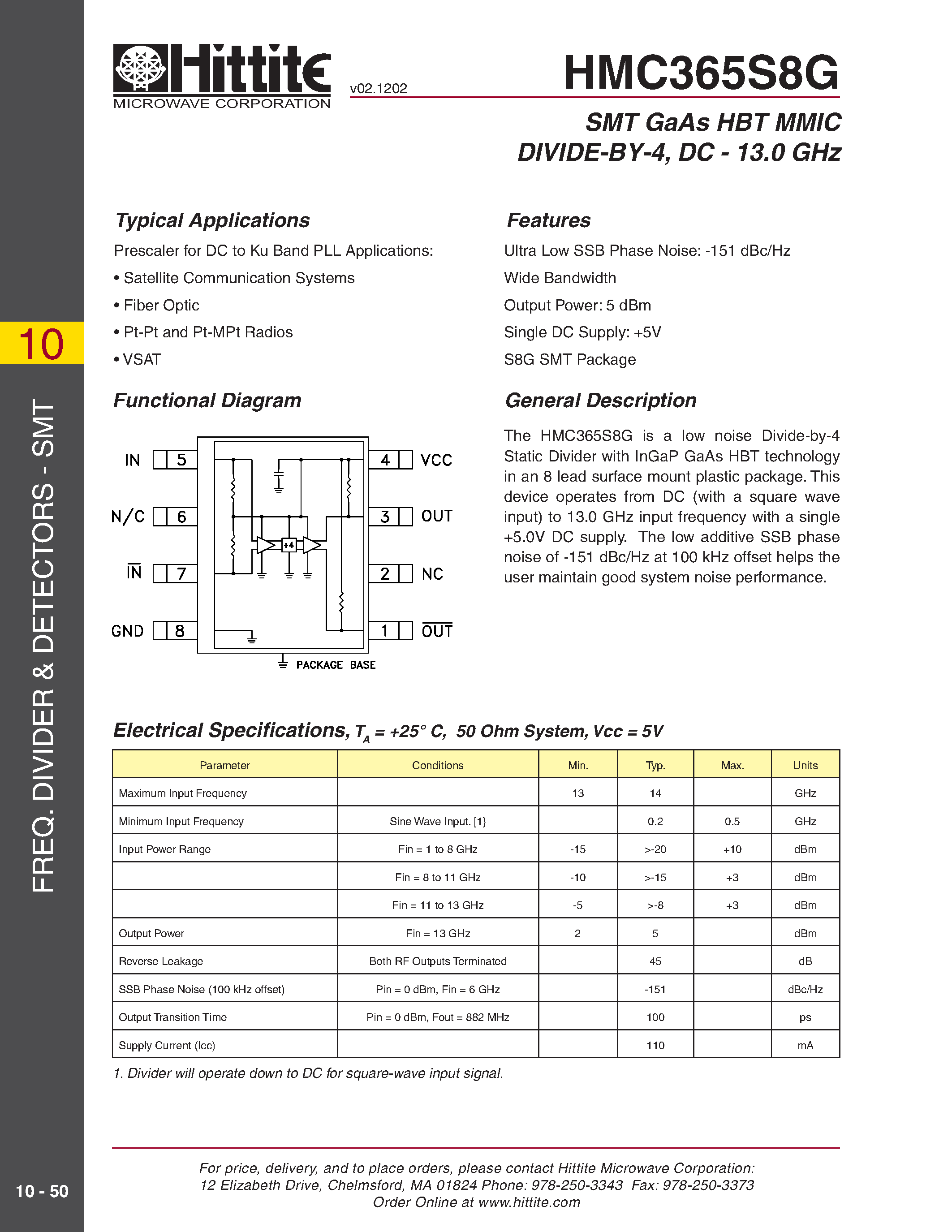 Даташит HMC365S8G - SMT GaAs HBT MMIC DIVIDE-BY-4/ DC - 13.0 GHz страница 1