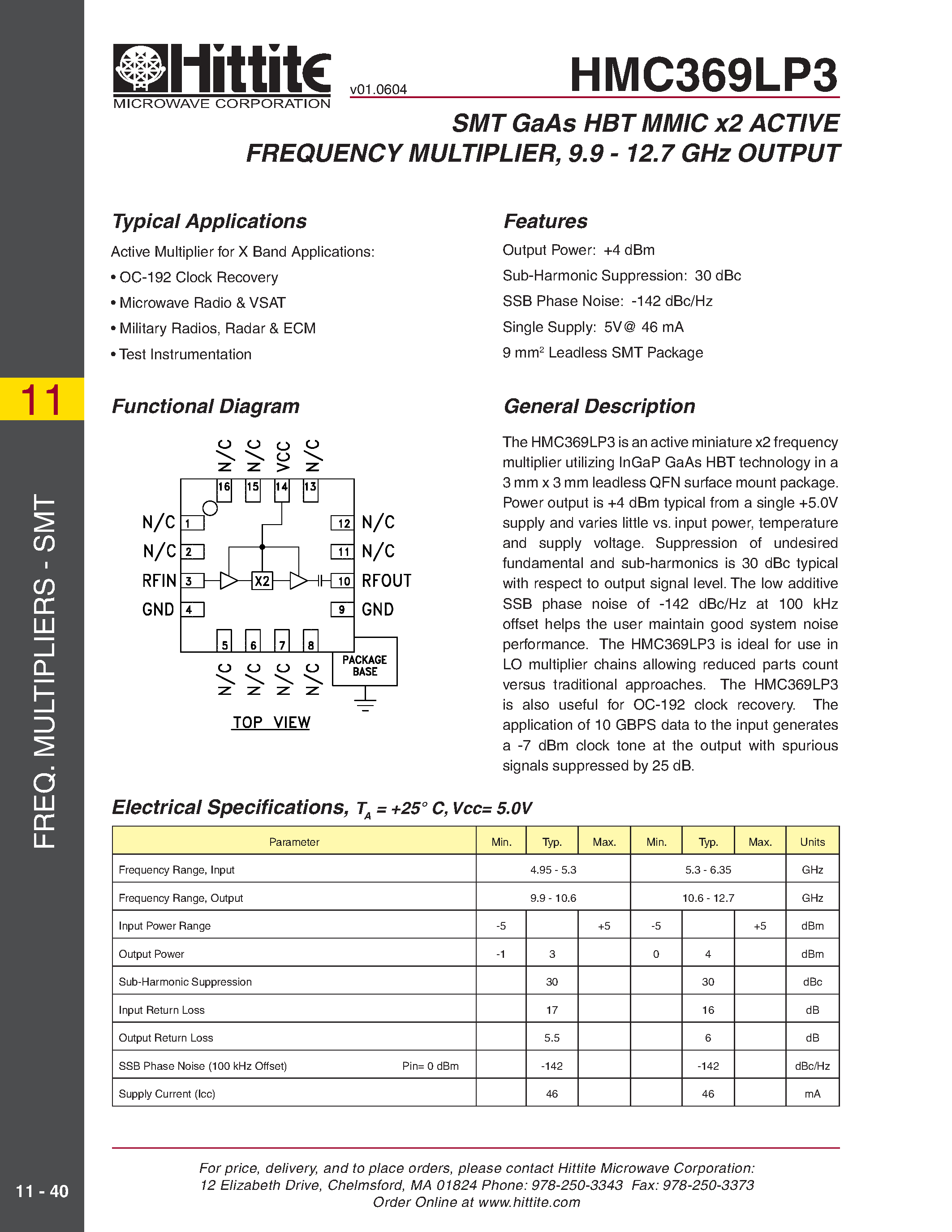 Даташит HMC369LP3 - SMT GaAs HBT MMIC x2 ACTIVE FREQUENCY MULTIPLIER/ 9.9 - 12.7 GHz OUTPUT страница 1