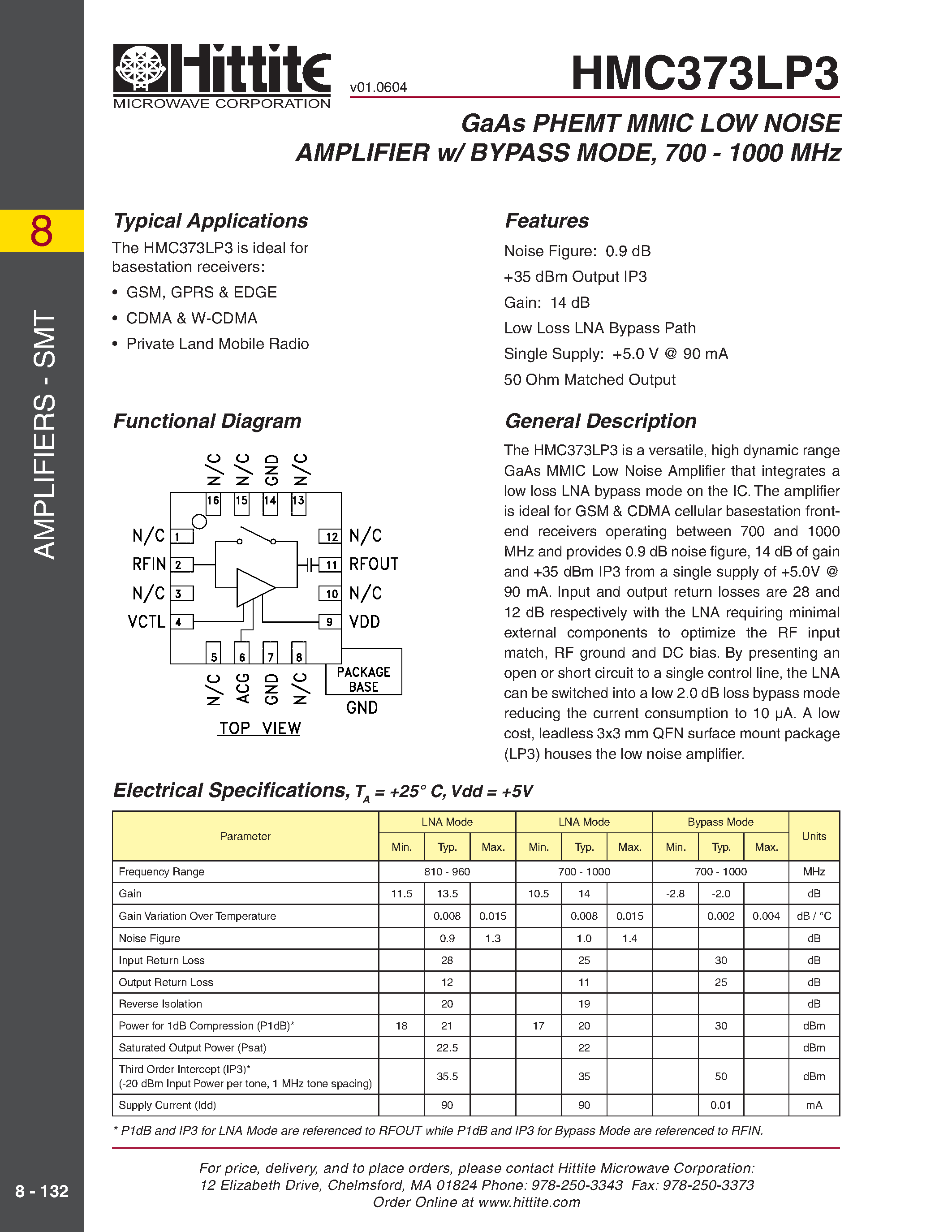 Даташит HMC373LP3 - GaAs PHEMT MMIC LOW NOISE AMPLIFIER w/ BYPASS MODE/ 700 - 1000 MHz страница 1