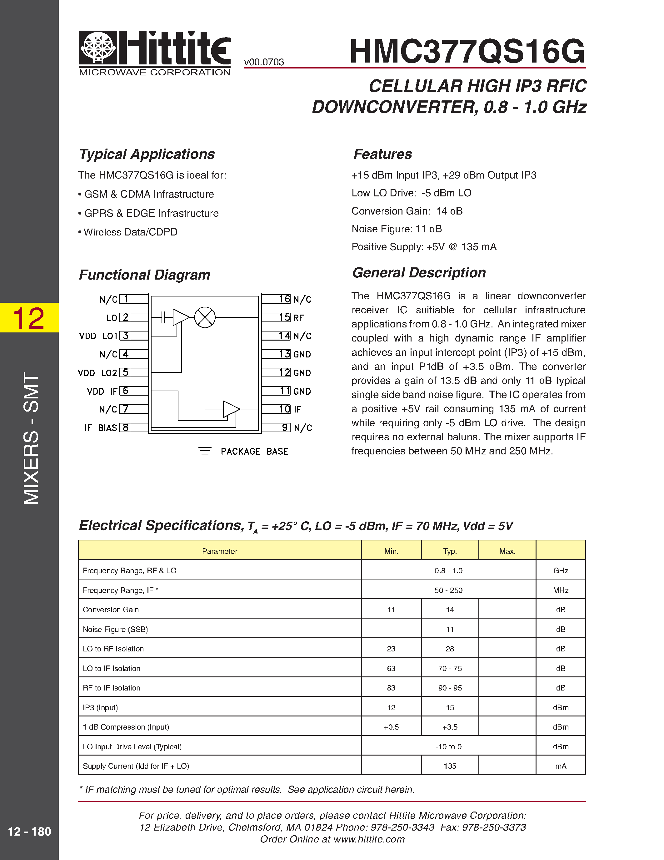 Datasheet HMC377QS16G - CELLULAR HIGH IP3 RFIC DOWNCONVERTER/ 0.8 - 1.0 GHz page 1