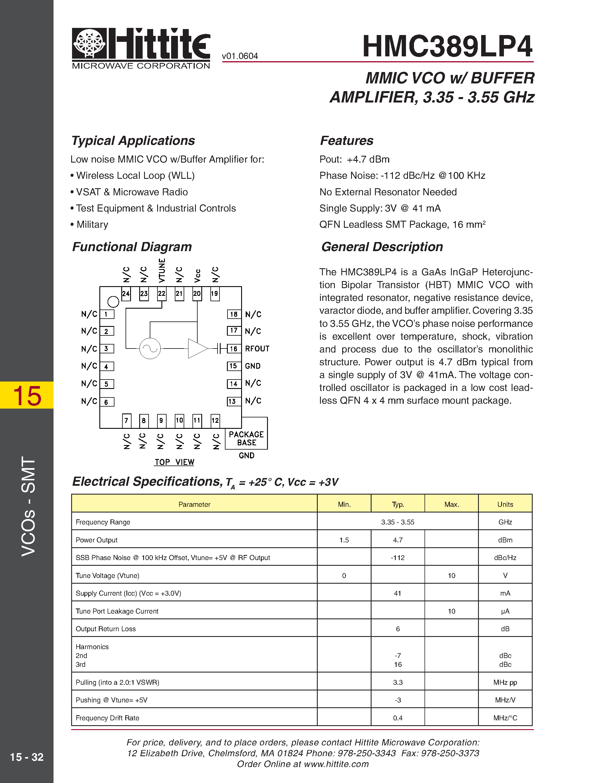 Даташит HMC389LP4 - MMIC VCO w/ BUFFER AMPLIFIER/ 3.35 - 3.55 GHz страница 1