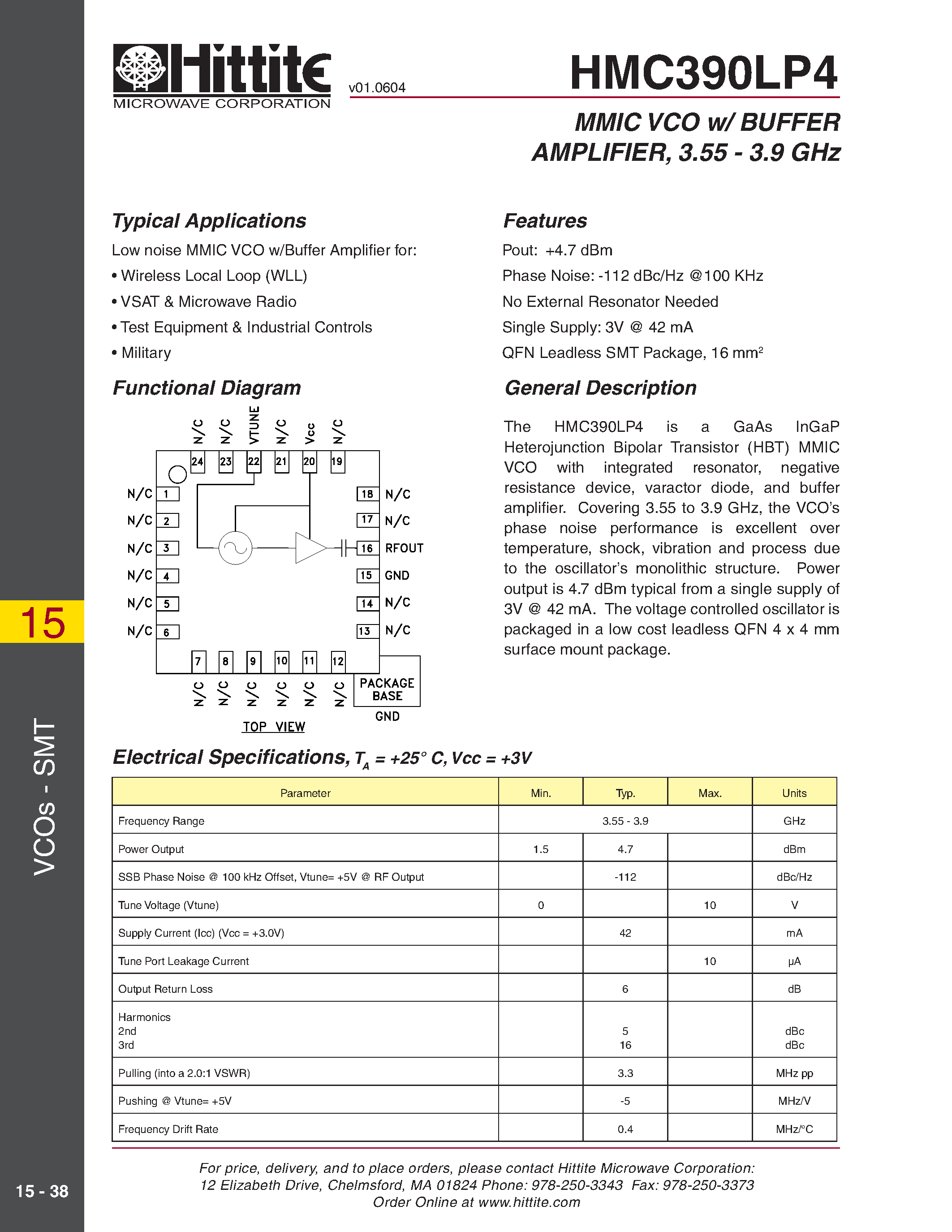 Даташит HMC390LP4 - MMIC VCO w/ BUFFER AMPLIFIER/ 3.55 - 3.9 GHz страница 1