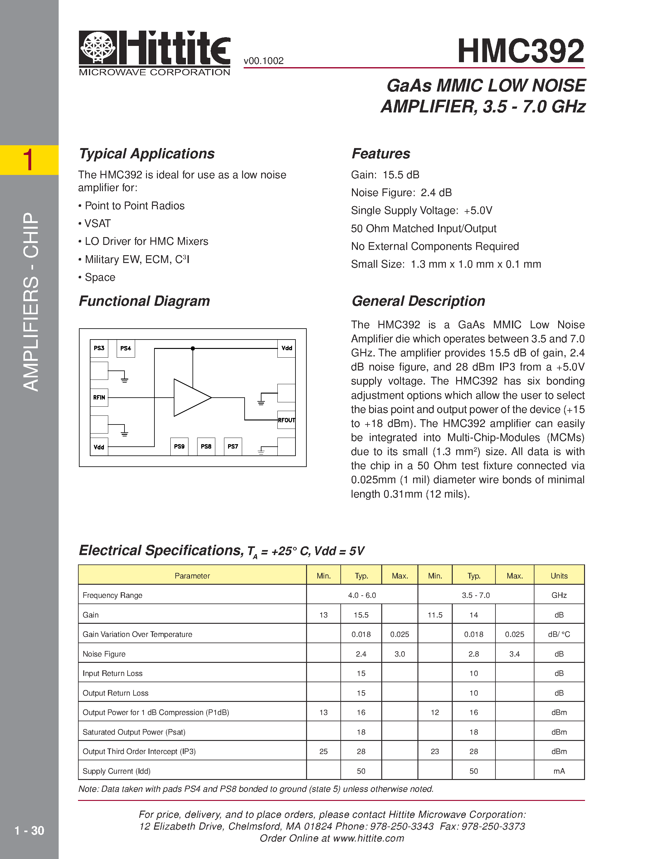 Datasheet HMC392 page 1 Datasheet HMC392 - GaAs MMIC LOW NOISE AMPLIFIER/ 3.5 - 7.0 GHz page 1